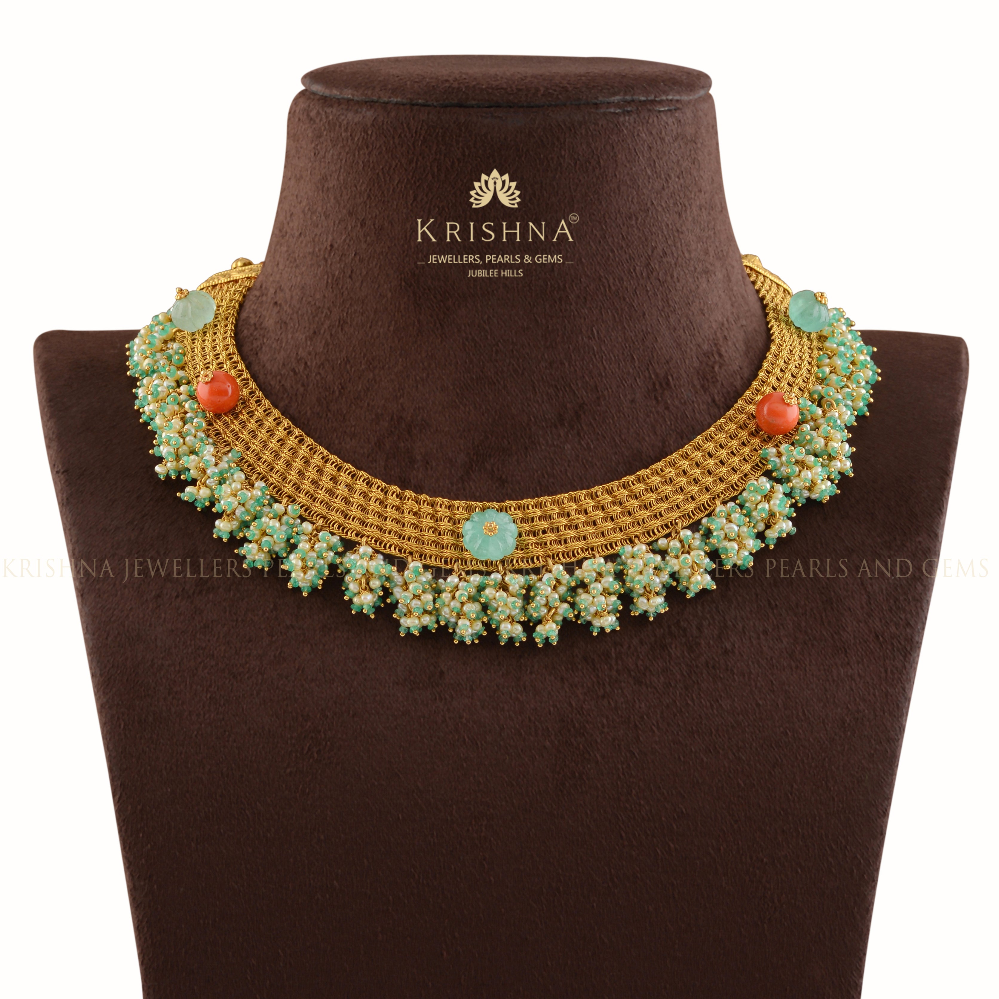 Emerald Gold Mesh Necklace - Krishna Jewellers Pearls and Gems