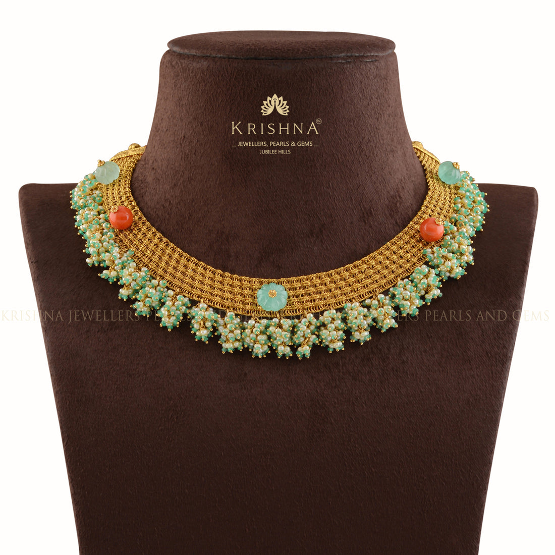 Emerald Gold Mesh Necklace - Krishna Jewellers Pearls and Gems