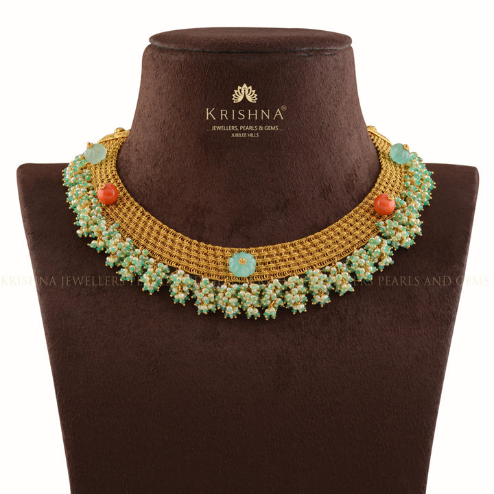 Emerald Gold Mesh Necklace - Krishna Jewellers Pearls and Gems