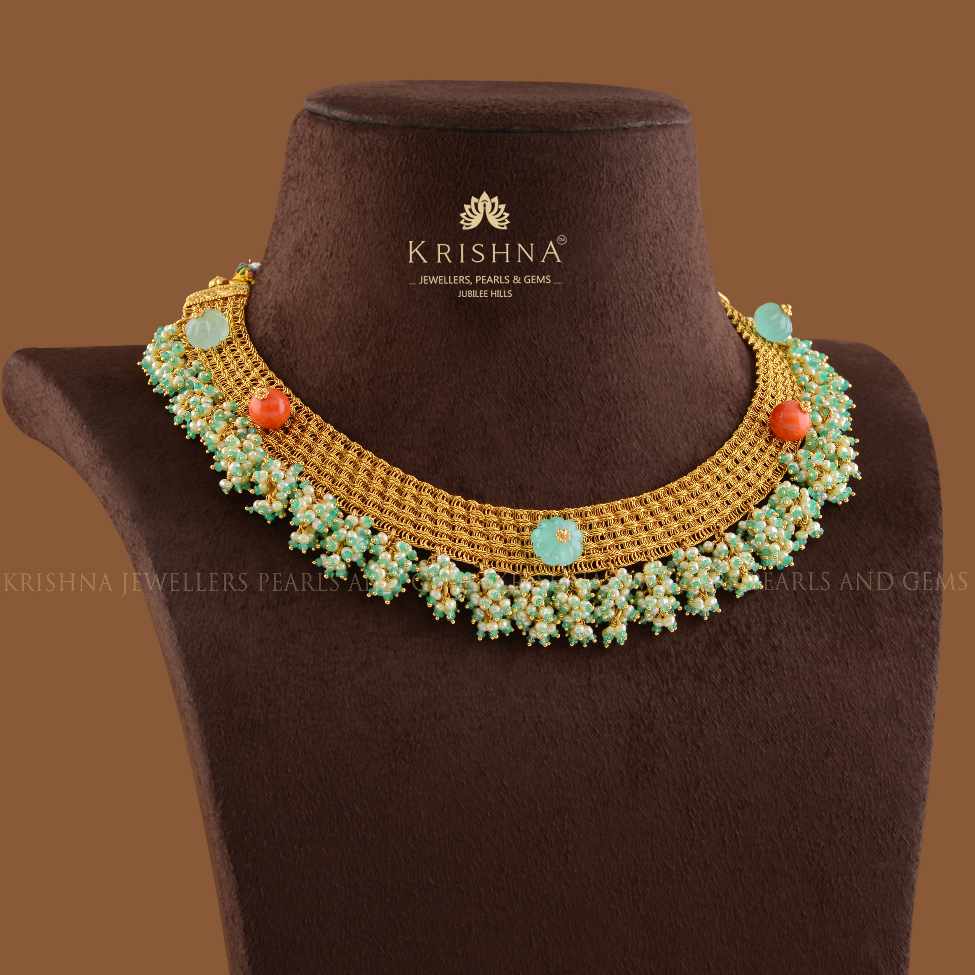 Emerald Gold Mesh Necklace - Krishna Jewellers Pearls and Gems