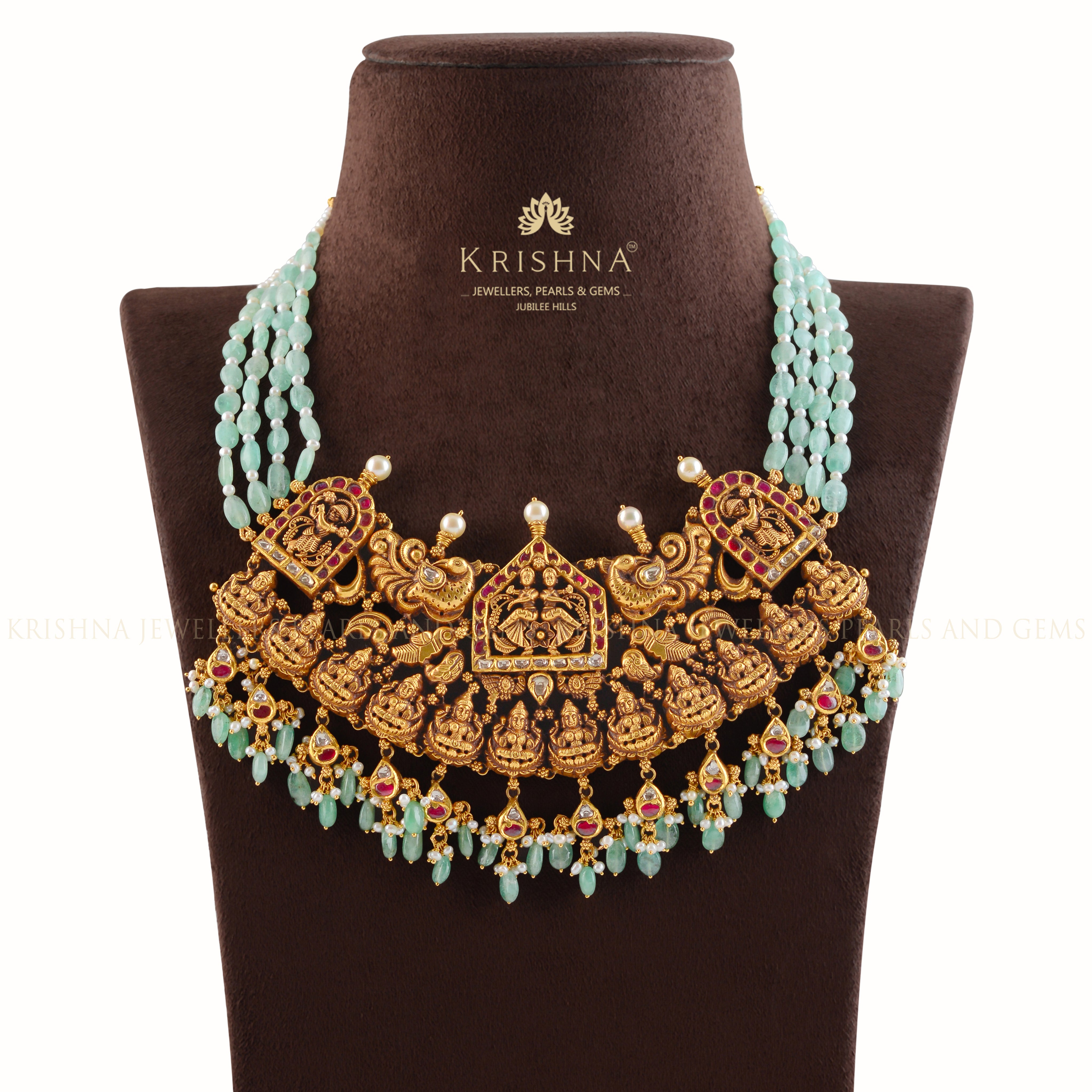 Royal Russian Emerald Necklace Divine Lakshmi Pendant - Krishna Jewellers Pearls and Gems
