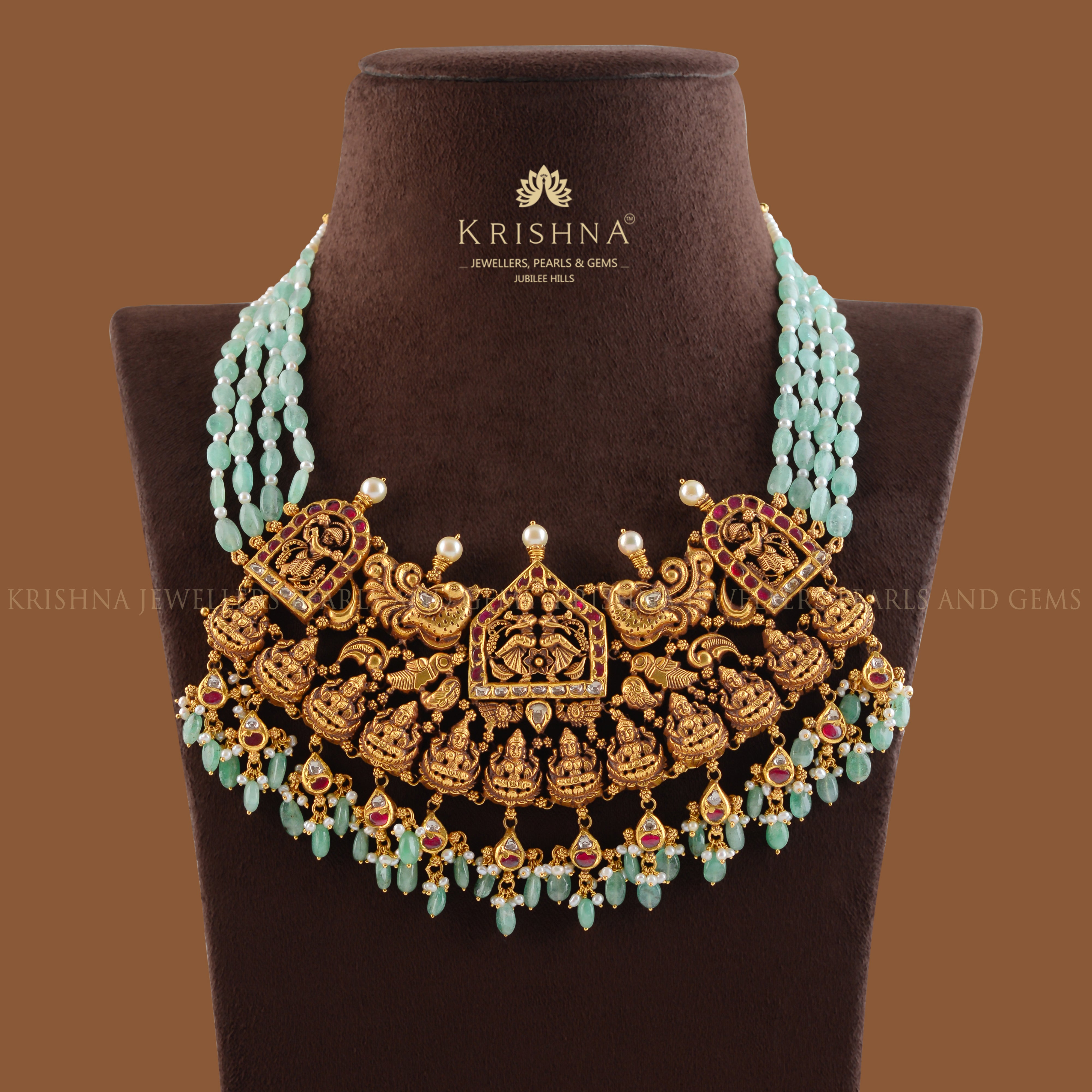Royal Russian Emerald Necklace Divine Lakshmi Pendant - Krishna Jewellers Pearls and Gems