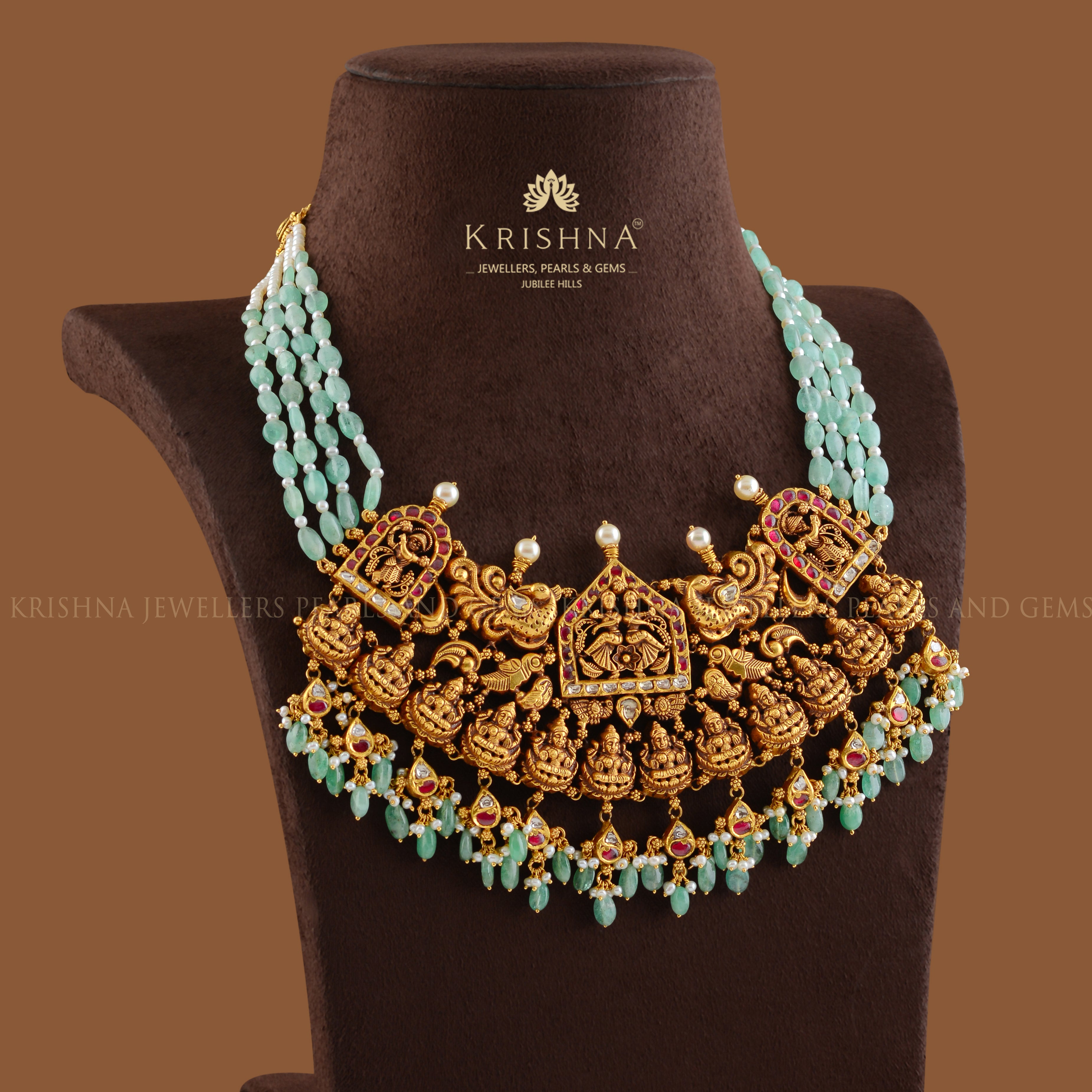 Royal Russian Emerald Necklace Divine Lakshmi Pendant - Krishna Jewellers Pearls and Gems