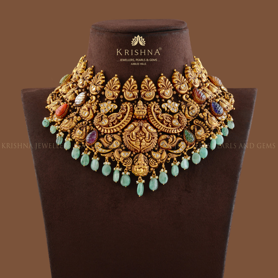 Gold Nakshi Choker With Navaratna Stones - Krishna Jewellers Pearls and Gems