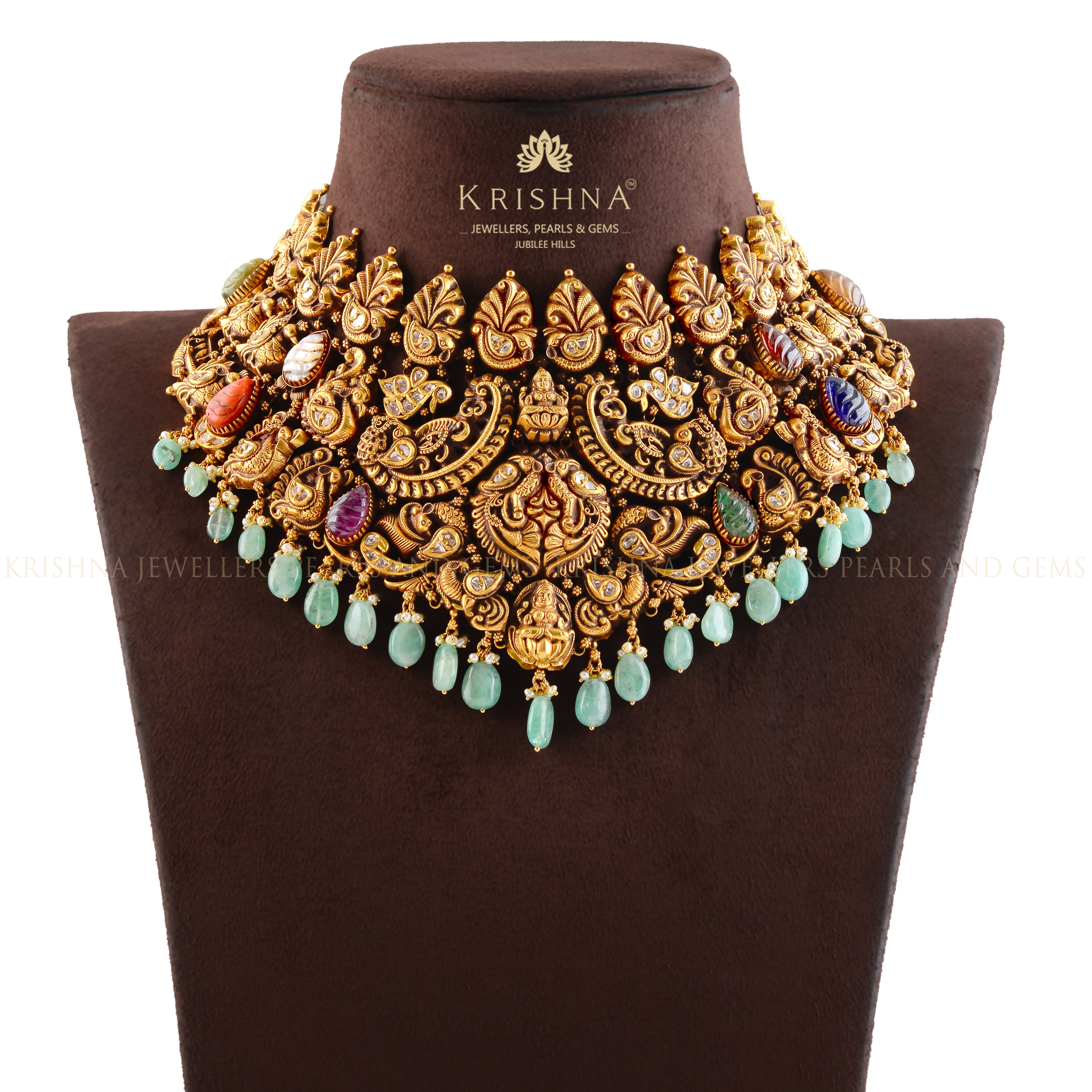 Gold Nakshi Choker With Navaratna Stones - Krishna Jewellers Pearls and Gems