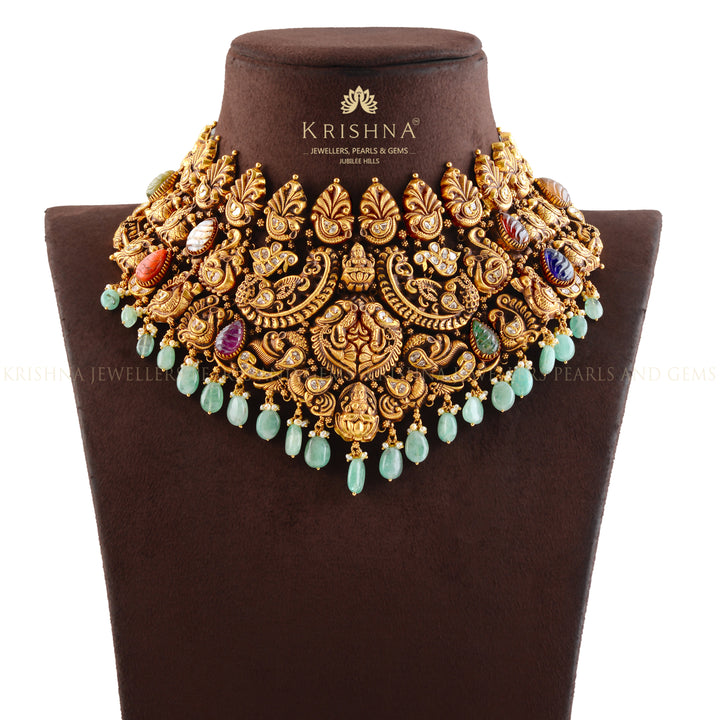 Gold Nakshi Choker With Navaratna Stones - Krishna Jewellers Pearls and Gems