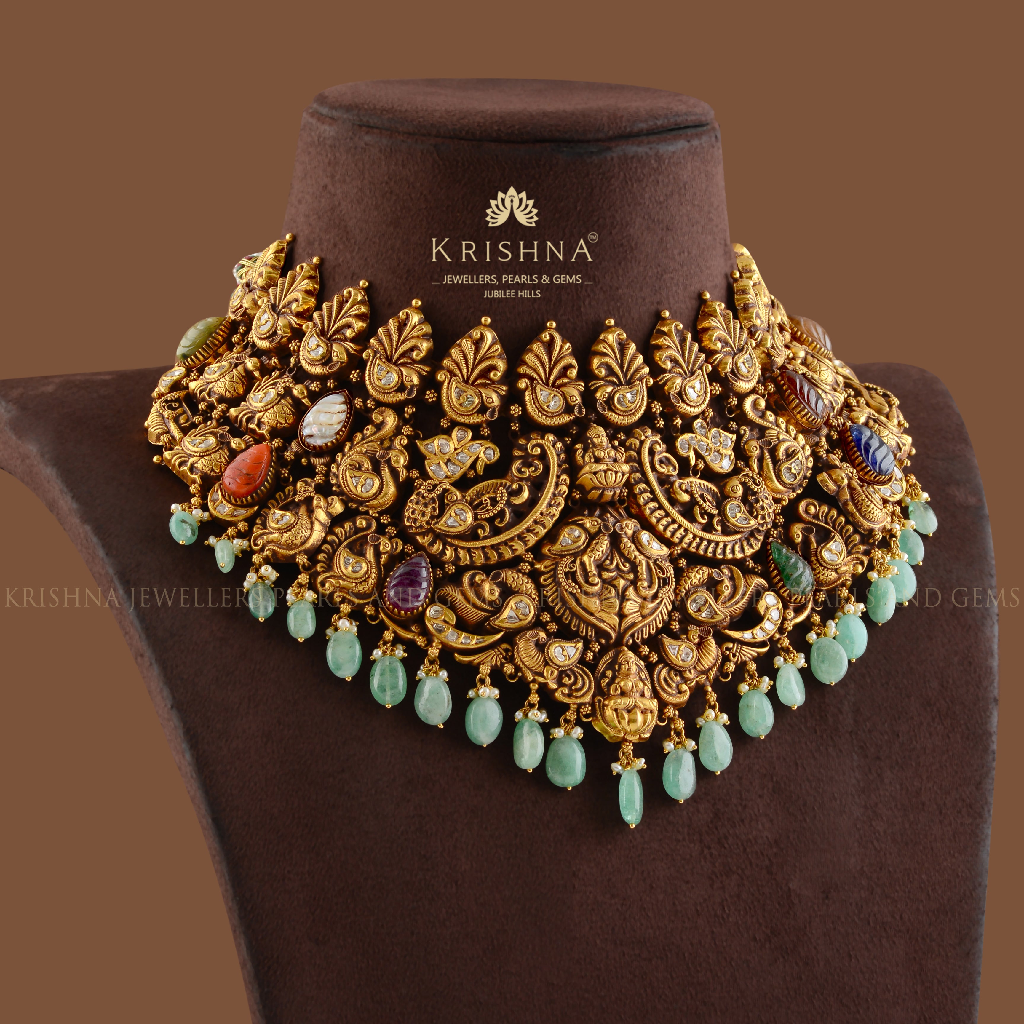Gold Nakshi Choker With Navaratna Stones - Krishna Jewellers Pearls and Gems