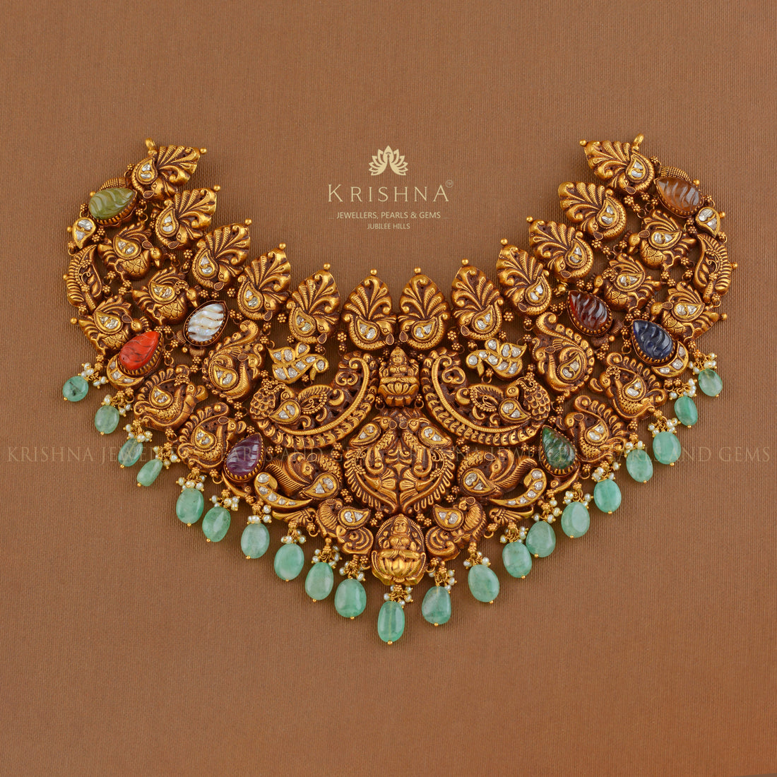 Gold Nakshi Choker With Navaratna Stones - Krishna Jewellers Pearls and Gems