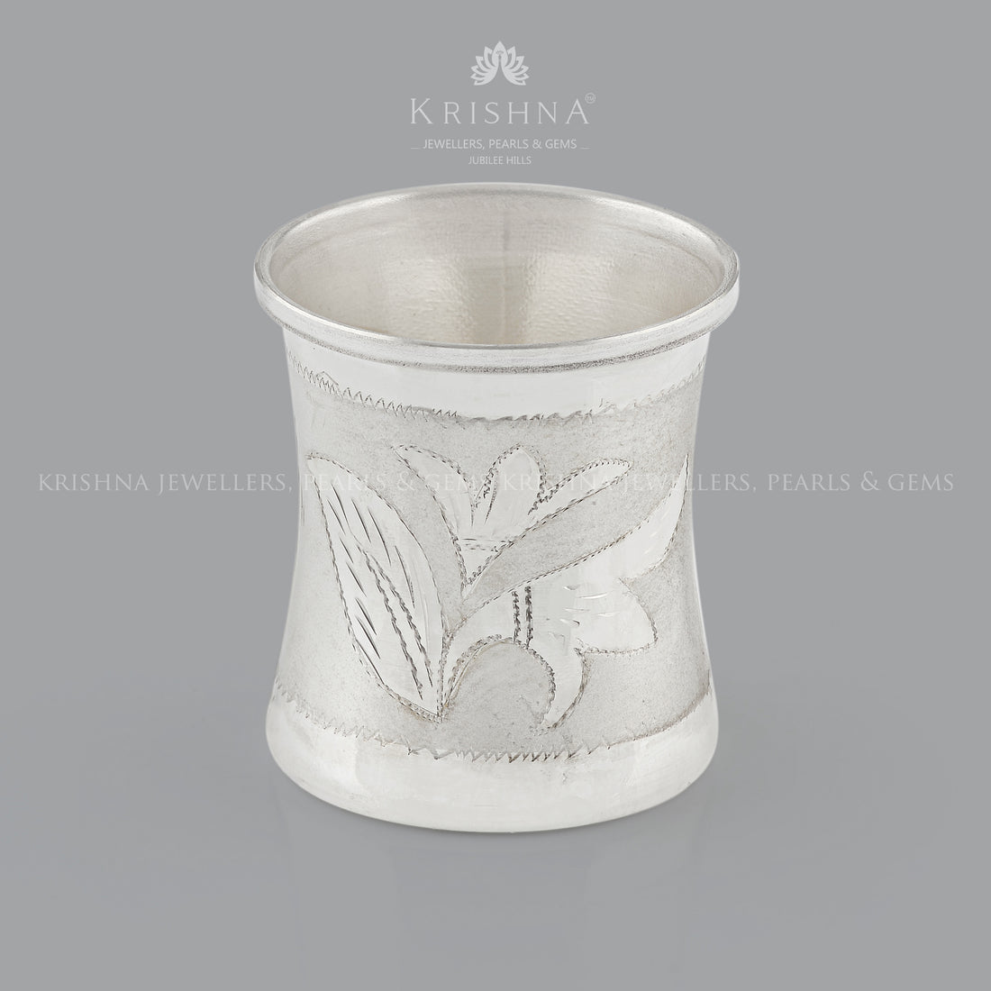 Elegant Silver Pooja Glass with Intricate Leaf Theme Design - Krishna Jewellers Pearls and Gems