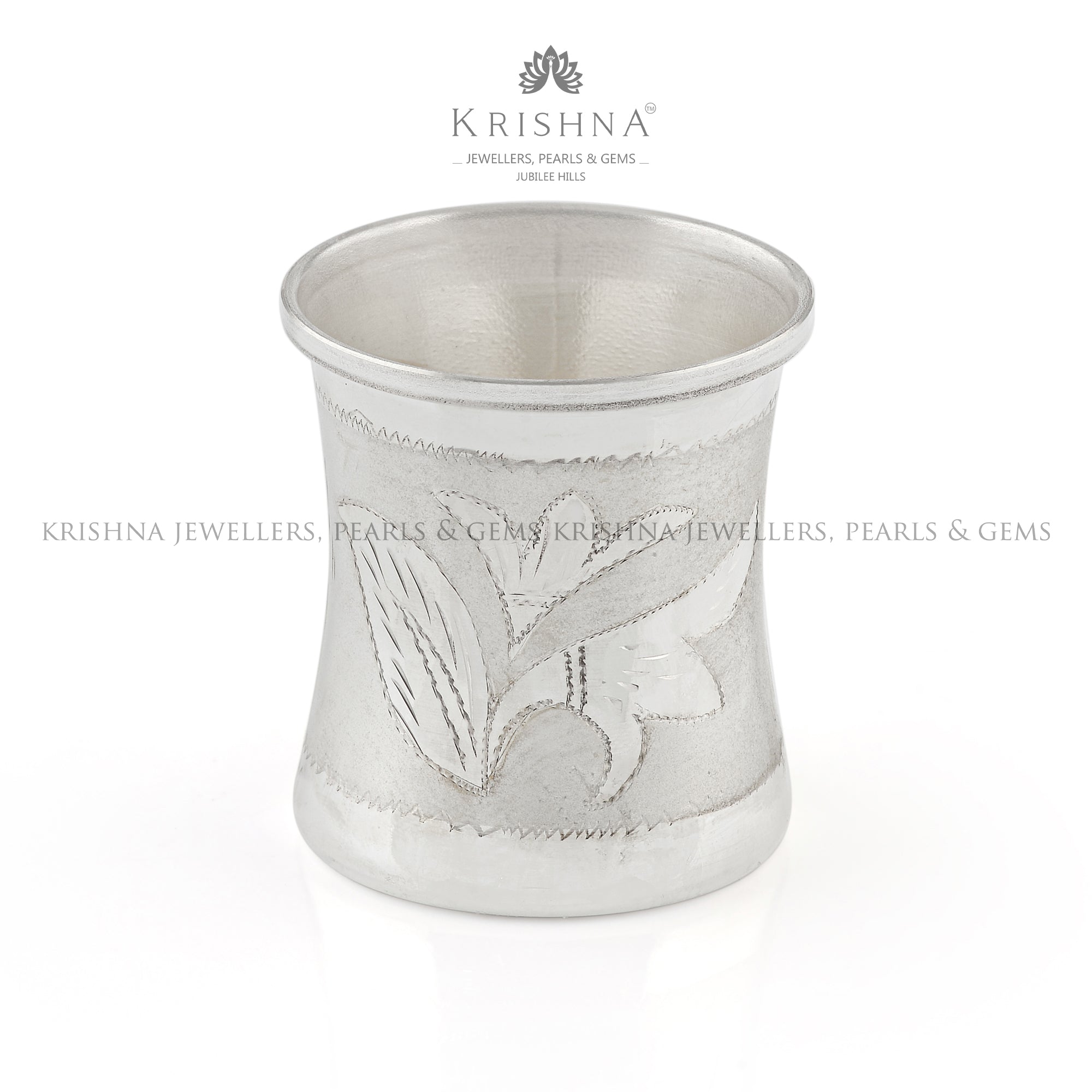 Elegant Silver Pooja Glass with Intricate Leaf Theme Design - Krishna Jewellers Pearls and Gems