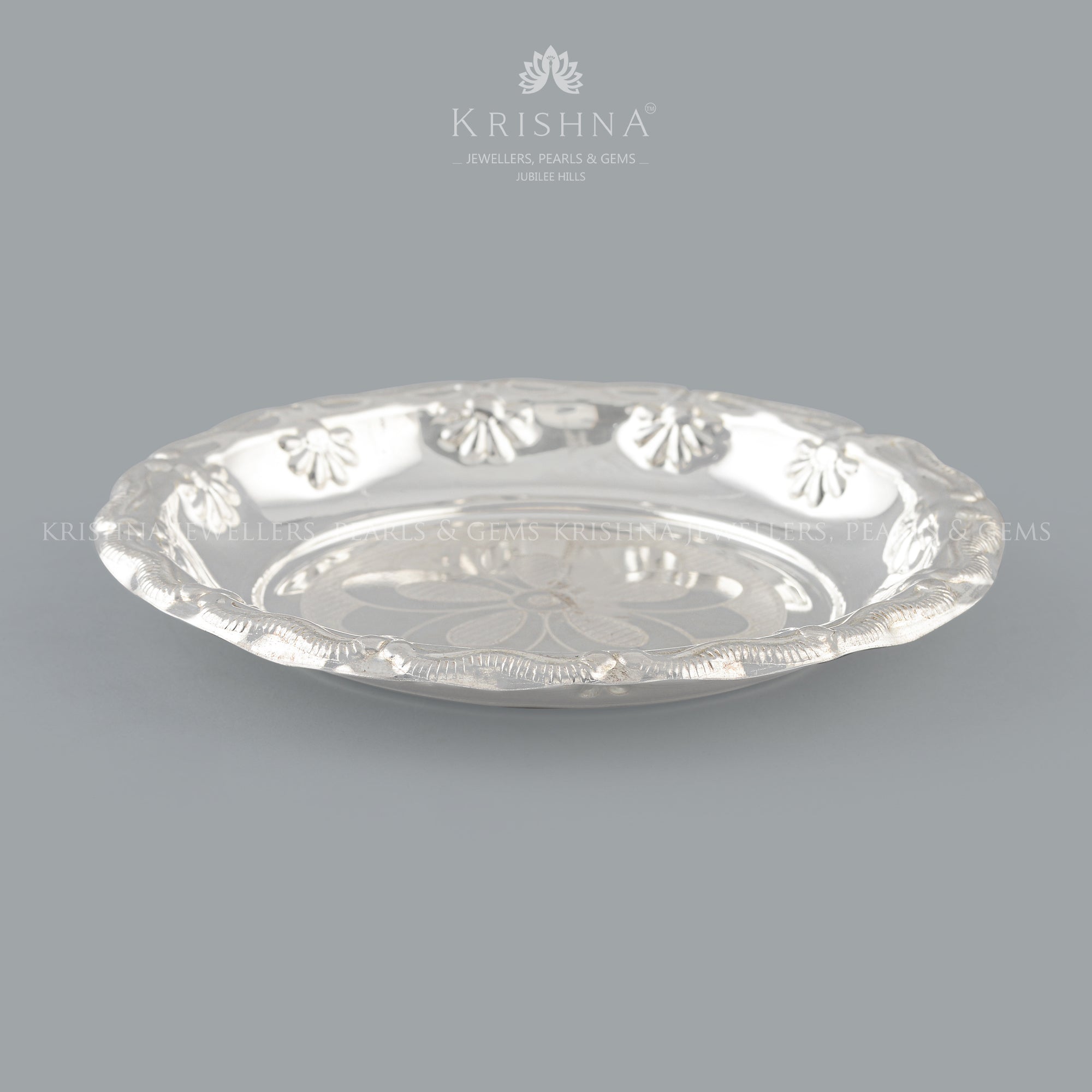 Silver Pooja Plate With Floral Imprint - Krishna Jewellers Pearls and Gems