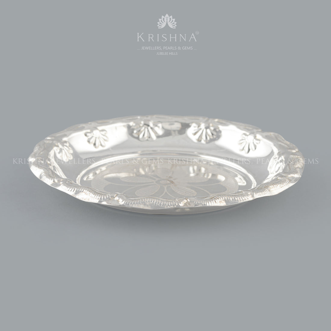 Silver Pooja Plate With Floral Imprint - Krishna Jewellers Pearls and Gems