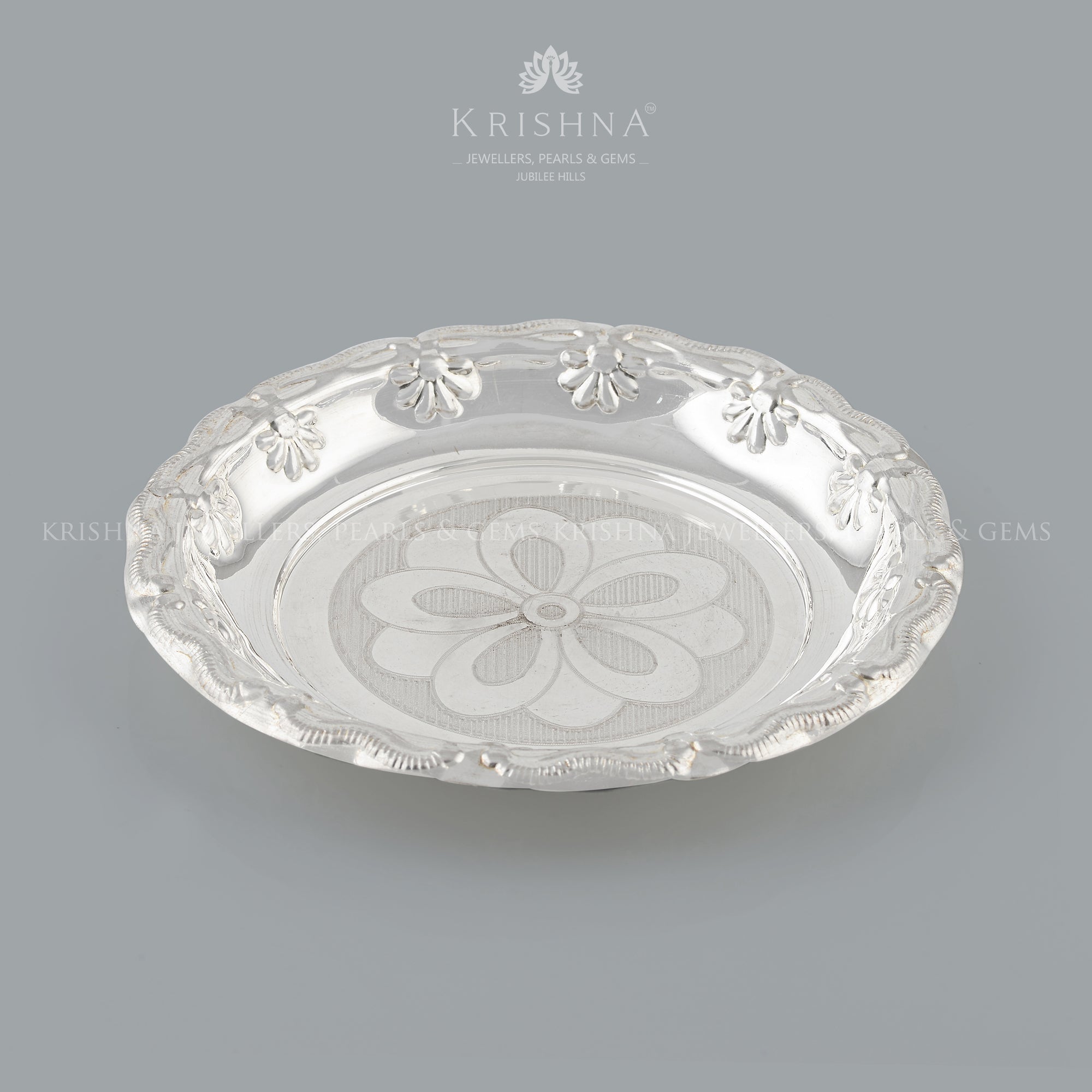 Silver Pooja Plate With Floral Imprint - Krishna Jewellers Pearls and Gems