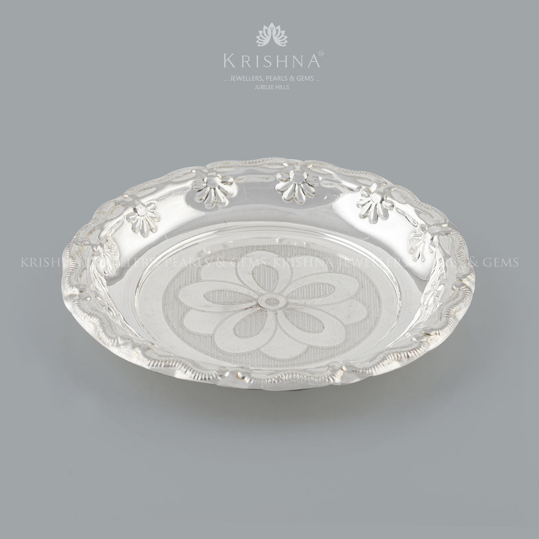 Silver Pooja Plate With Floral Imprint - Krishna Jewellers Pearls and Gems