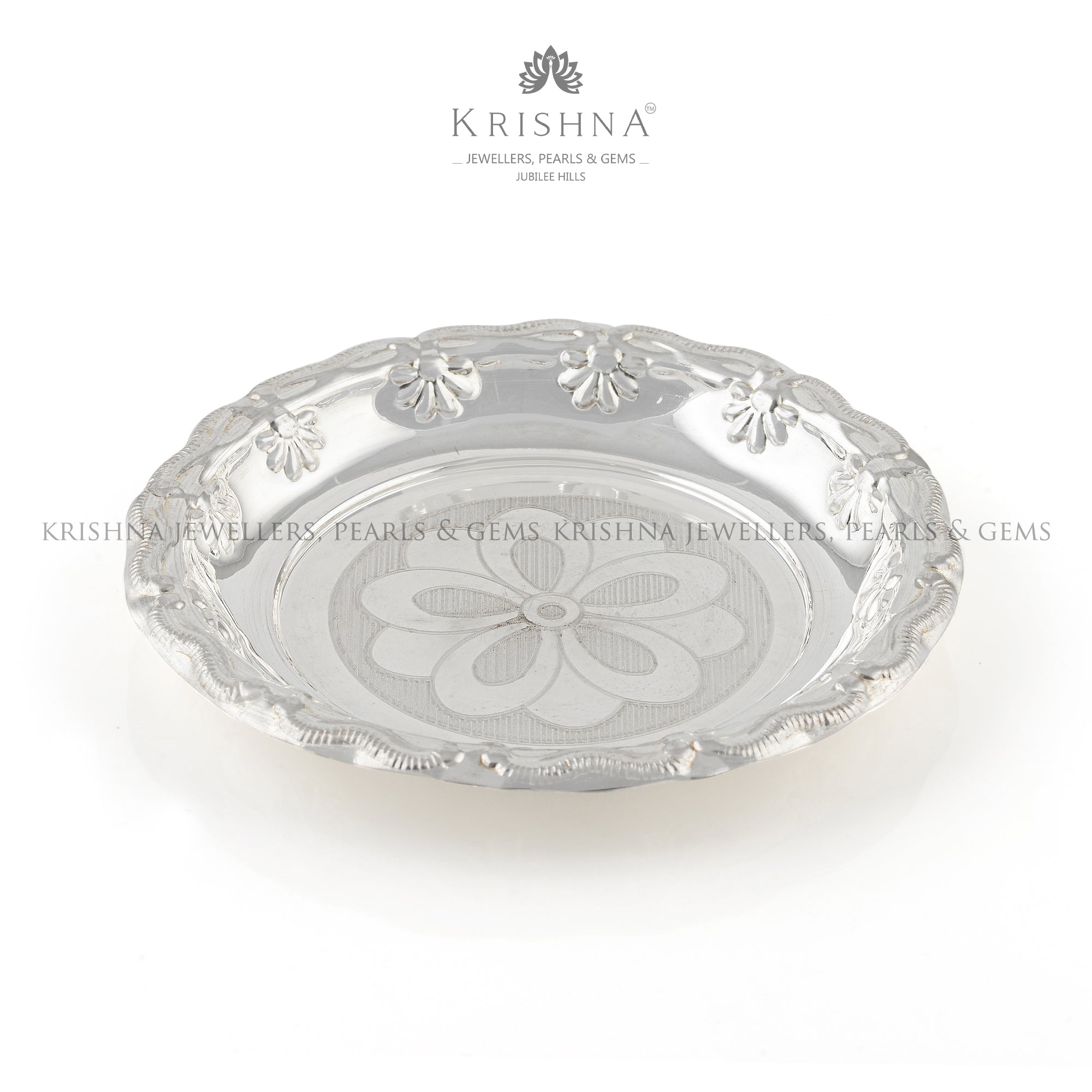 Silver Pooja Plate With Floral Imprint - Krishna Jewellers Pearls and Gems