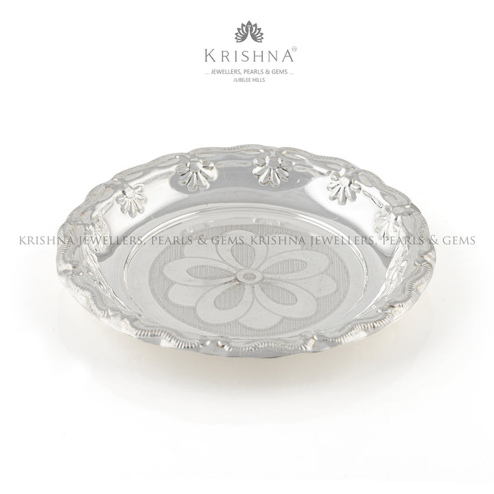 Silver Pooja Plate With Floral Imprint - Krishna Jewellers Pearls and Gems