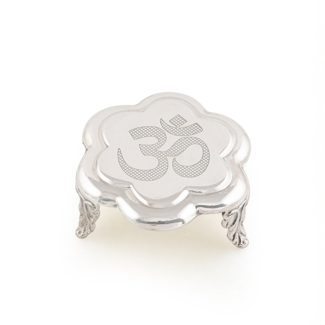 Silver Om-Themed 3 Legs Stool for Pooja