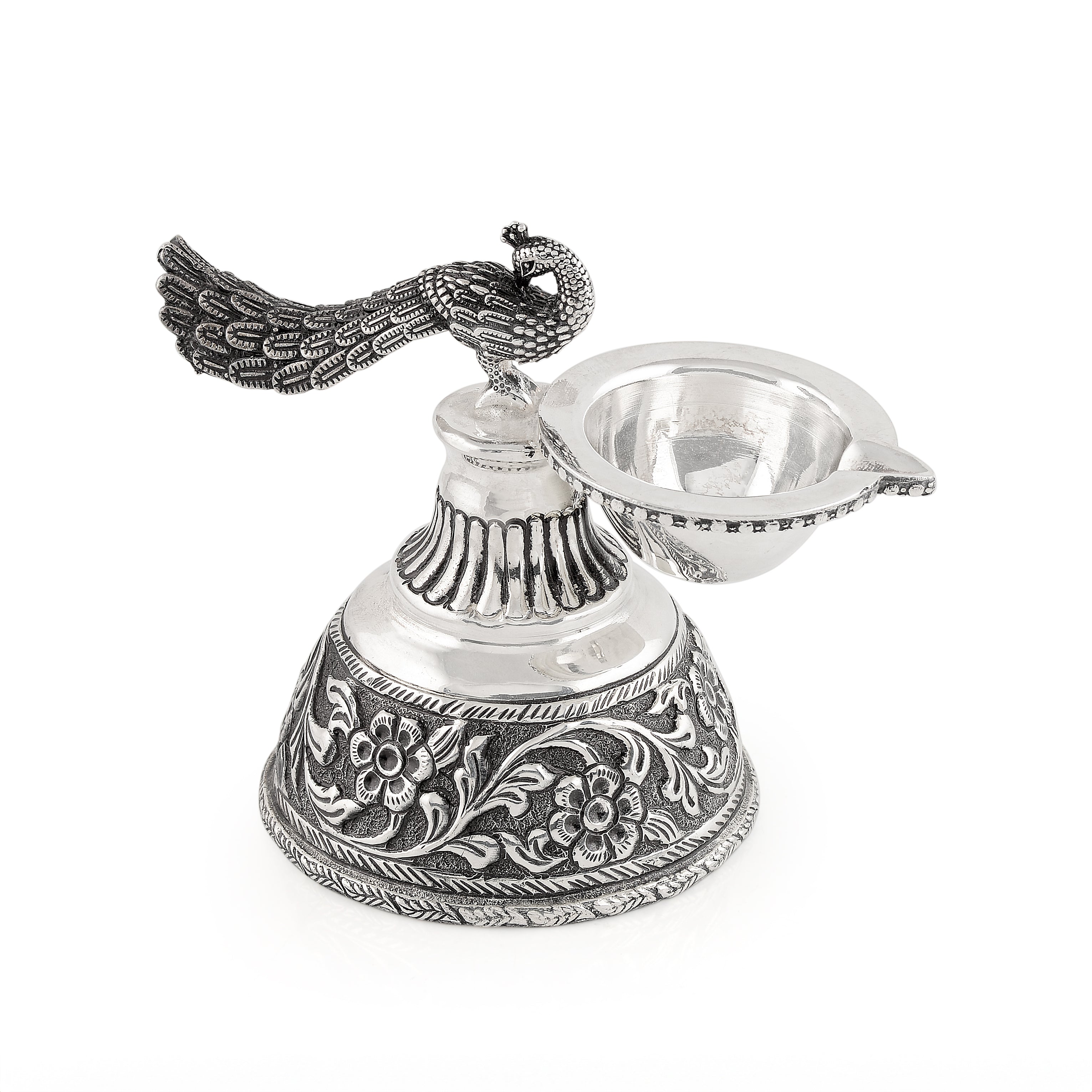 Silver Diya with Floral Peacock Design