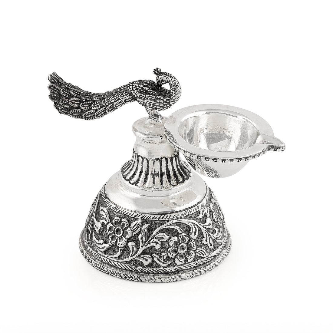 Silver Diya with Floral Peacock Design