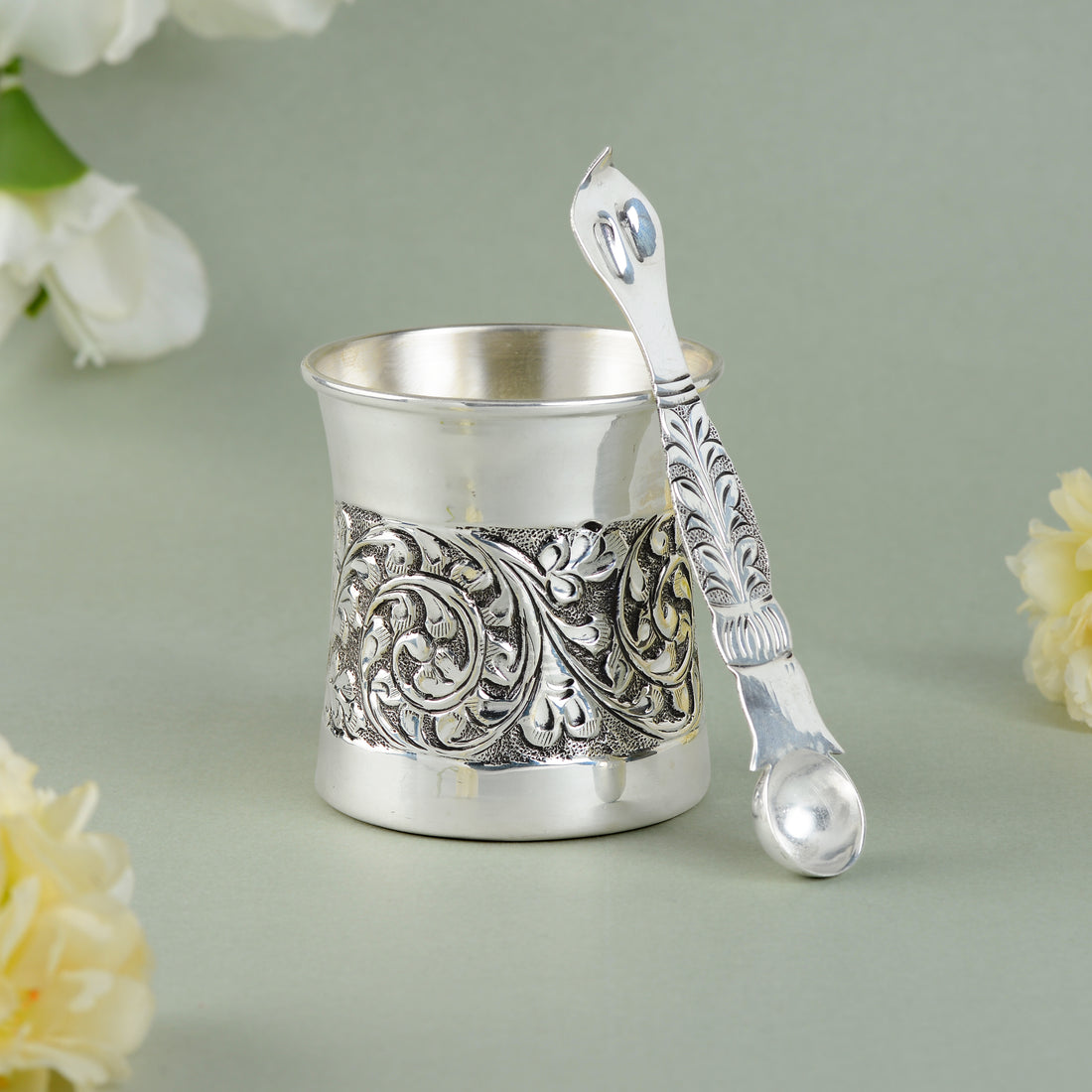 Antique Silver Panchpatra Set for Pooja and Festival Decoration