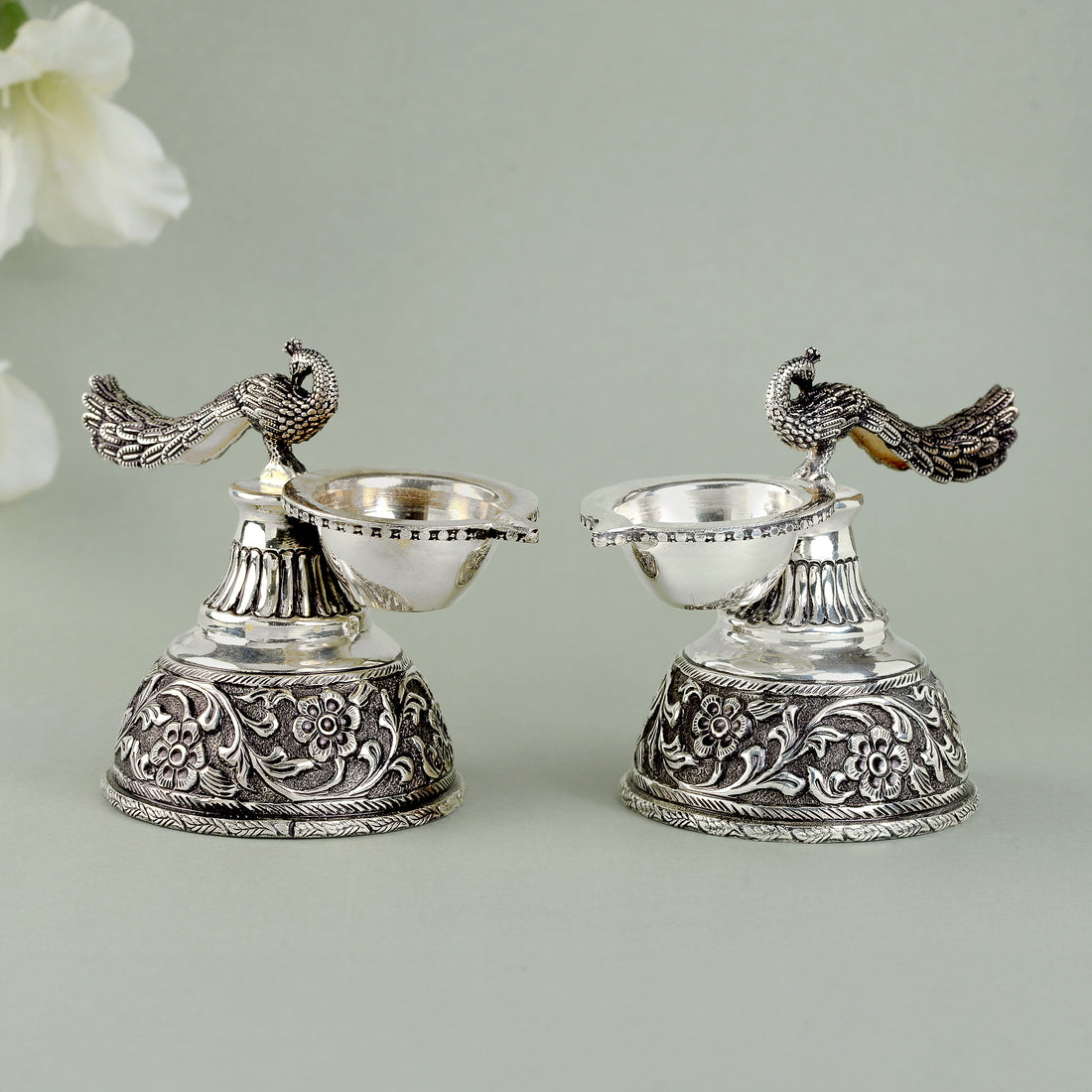 Silver Diya with Floral Peacock Design