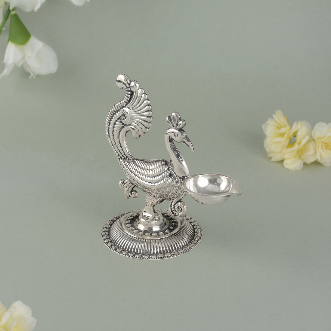 Silver Peacock-Themed Diya Stand 92.5