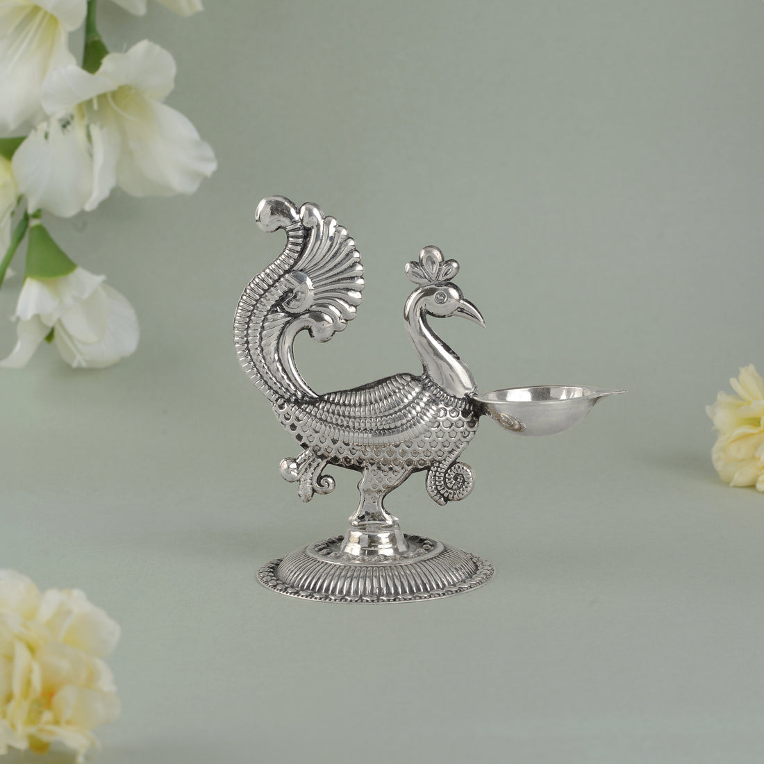 Silver Peacock-Themed Diya Stand 92.5