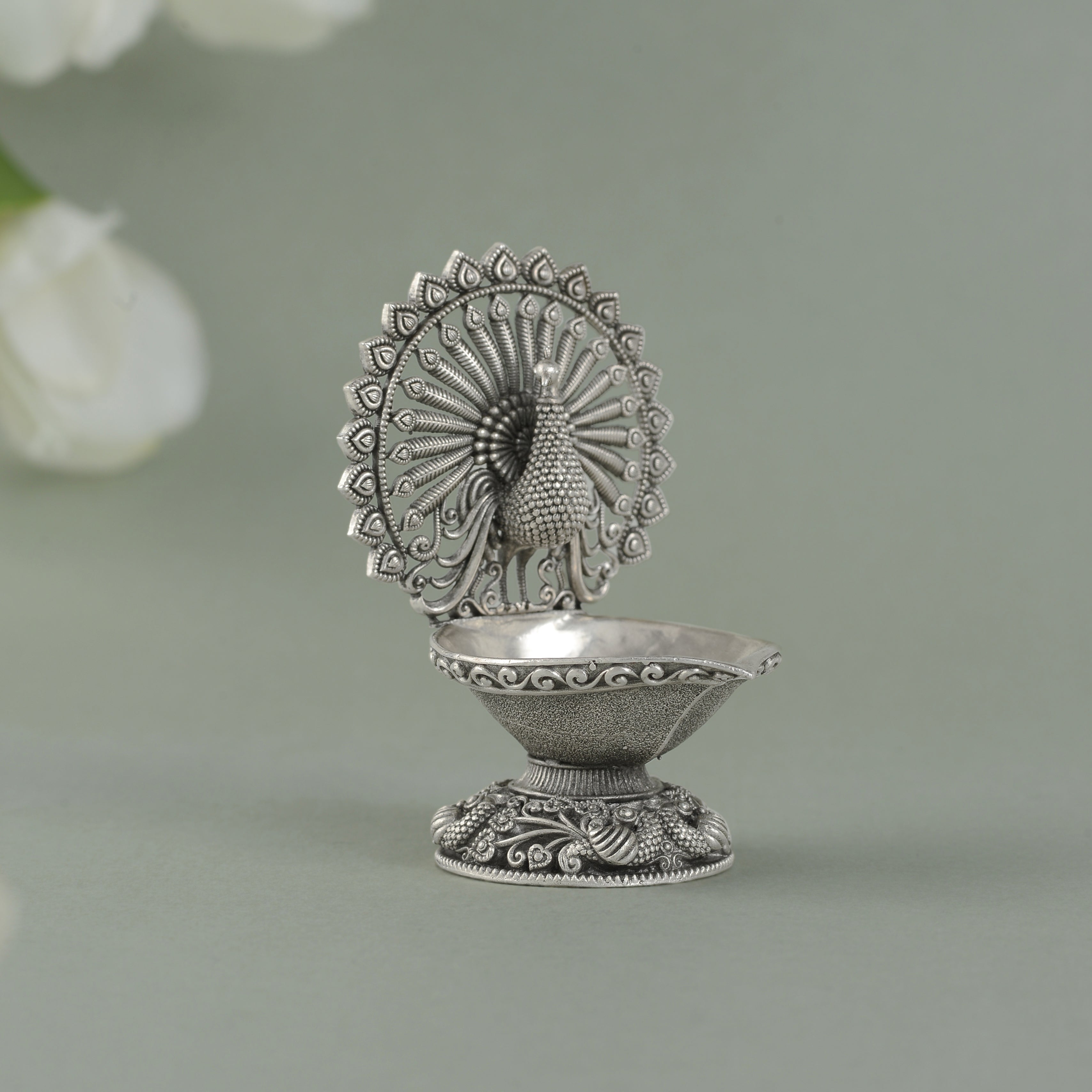 Silver Diya Stand with Peacock Theme
