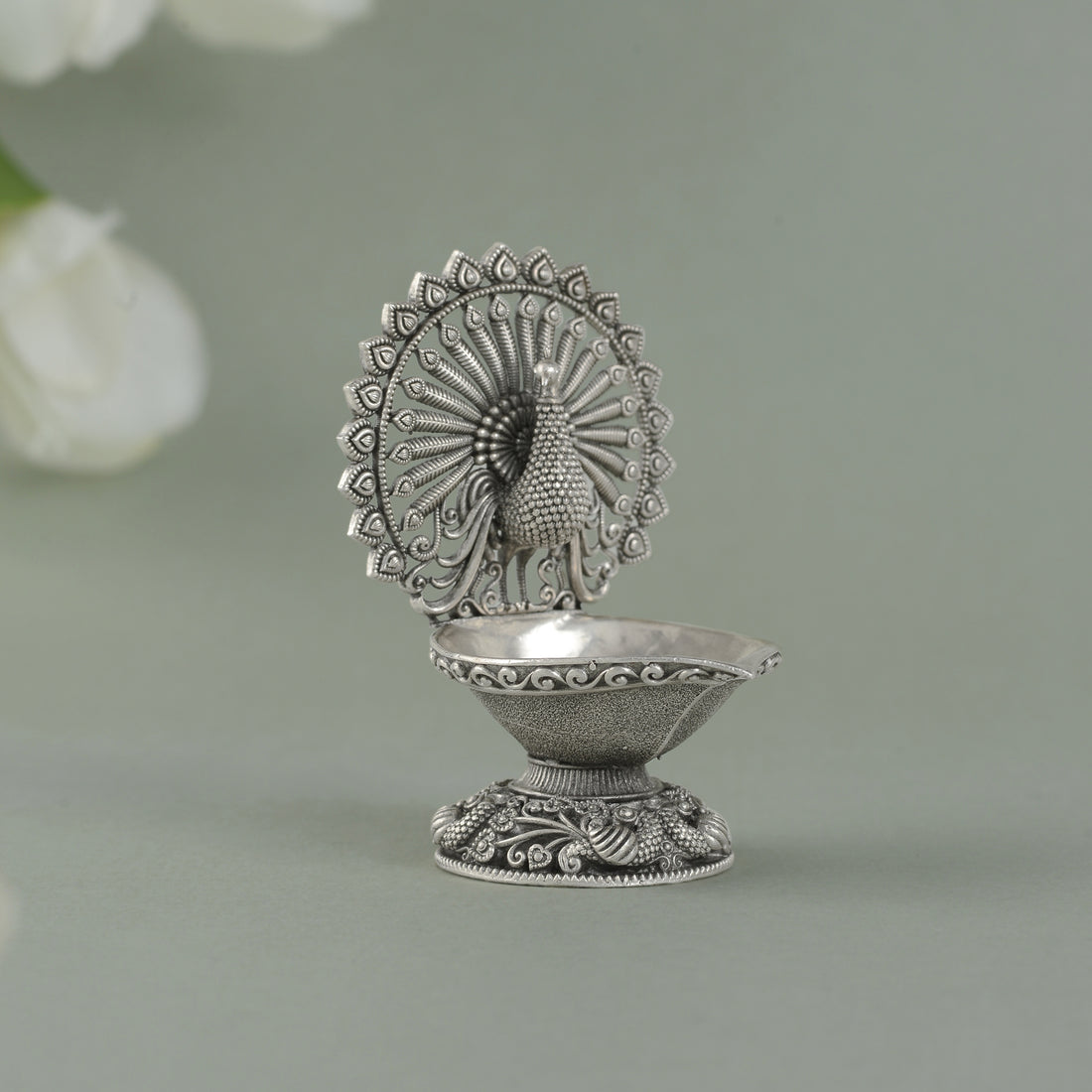 Silver Diya Stand with Peacock Theme