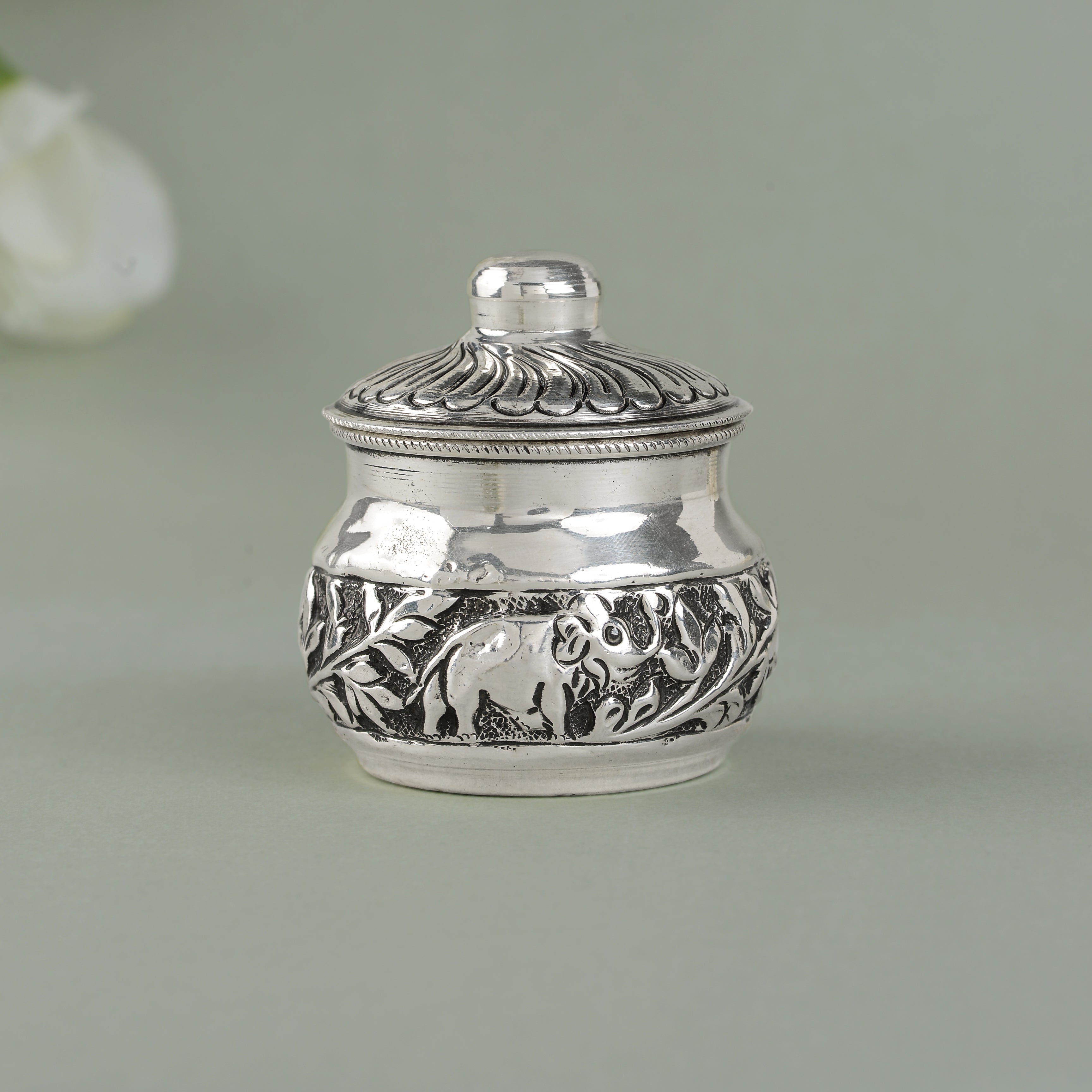 Silver Kumkum Box with Floral and Elephant Design