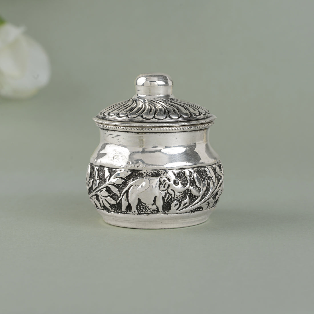 Silver Kumkum Box with Floral and Elephant Design