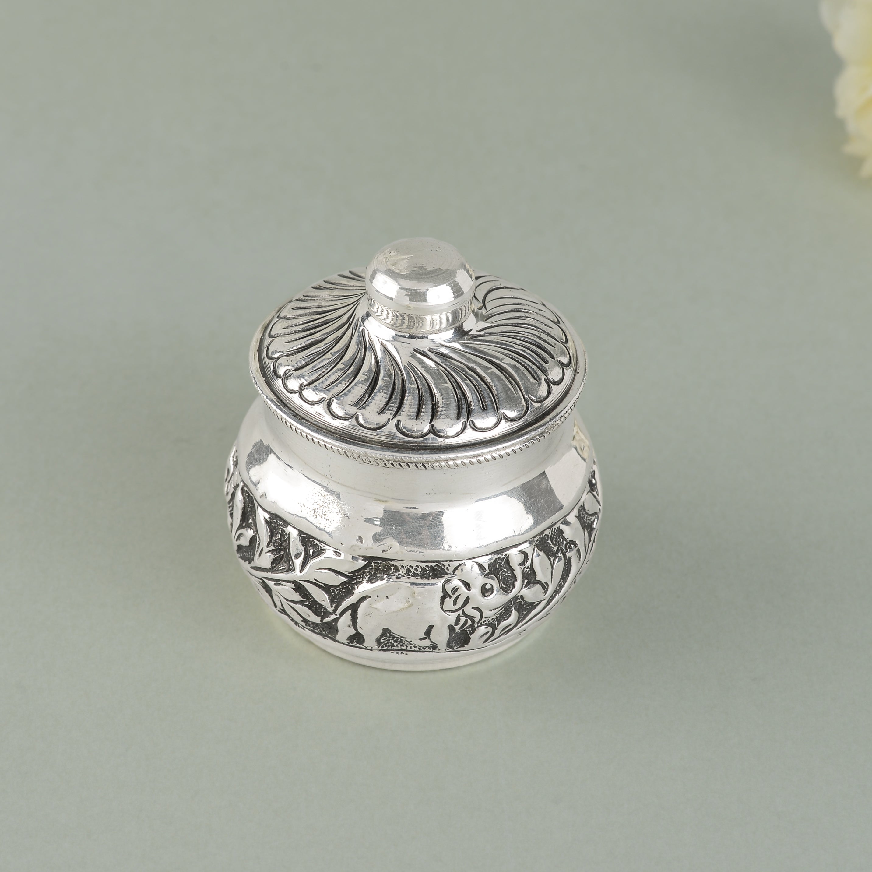 Silver Kumkum Box with Floral and Elephant Design