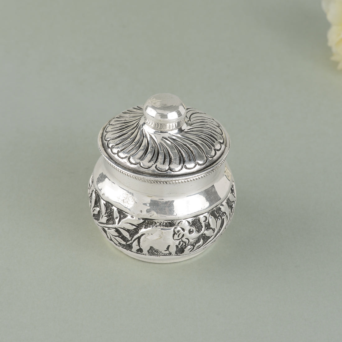 Silver Kumkum Box with Floral and Elephant Design
