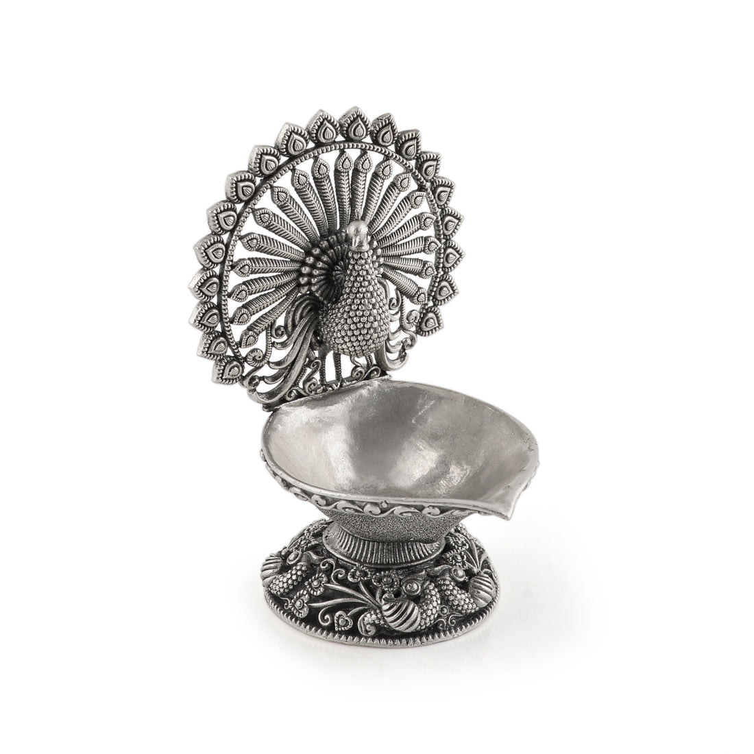 Silver Diya Stand with Peacock Theme