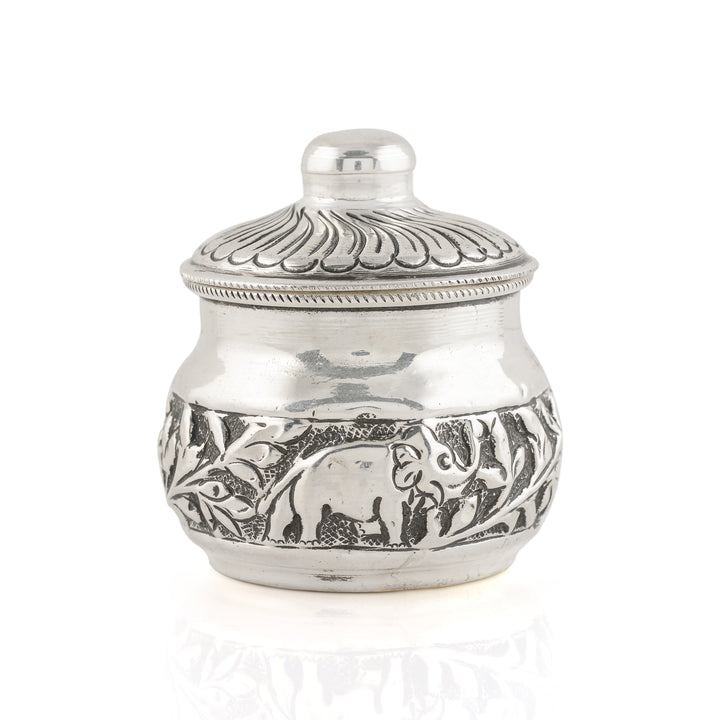 Silver Kumkum Box with Floral and Elephant Design