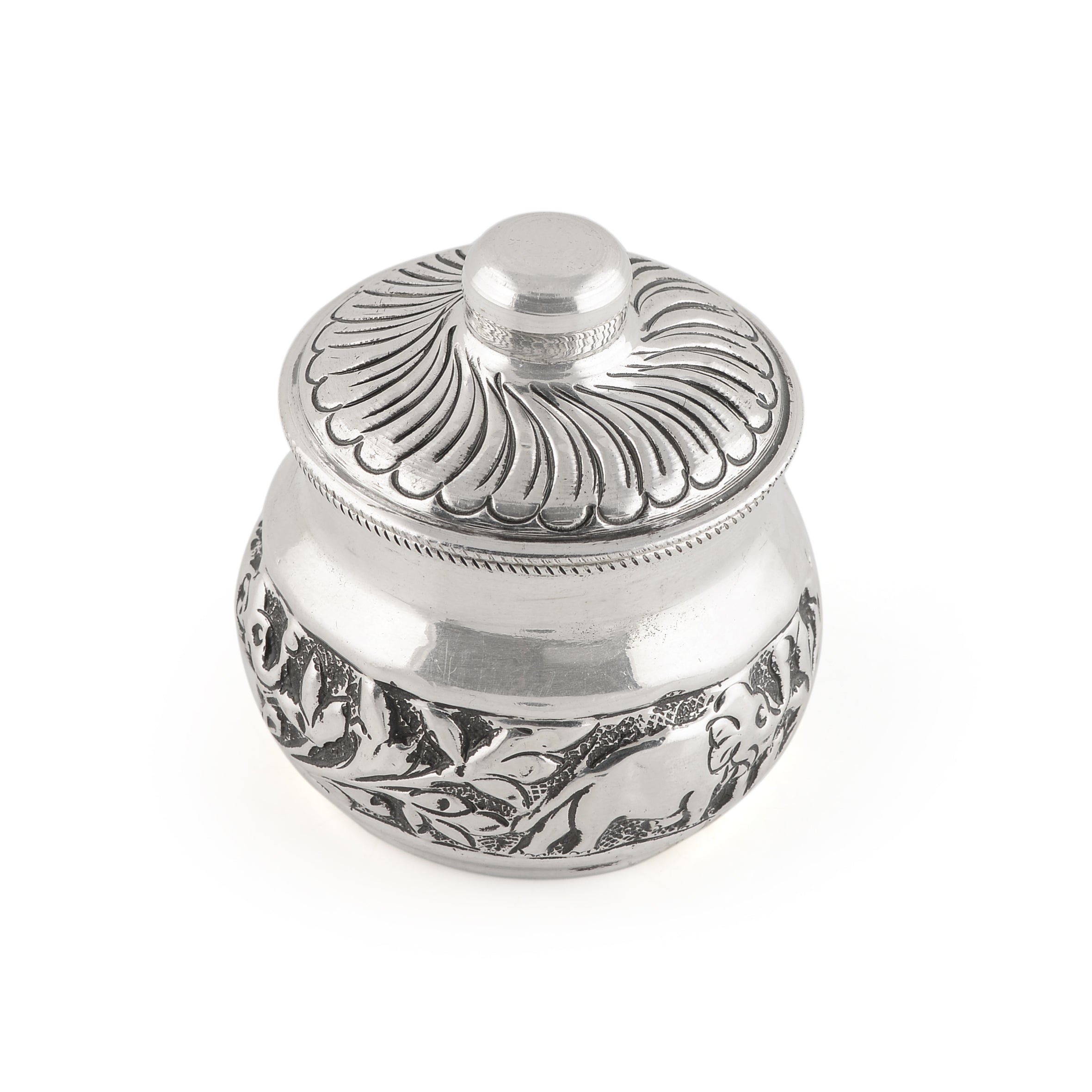 Silver Kumkum Box with Floral and Elephant Design