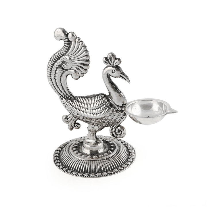 Silver Peacock-Themed Diya Stand 92.5