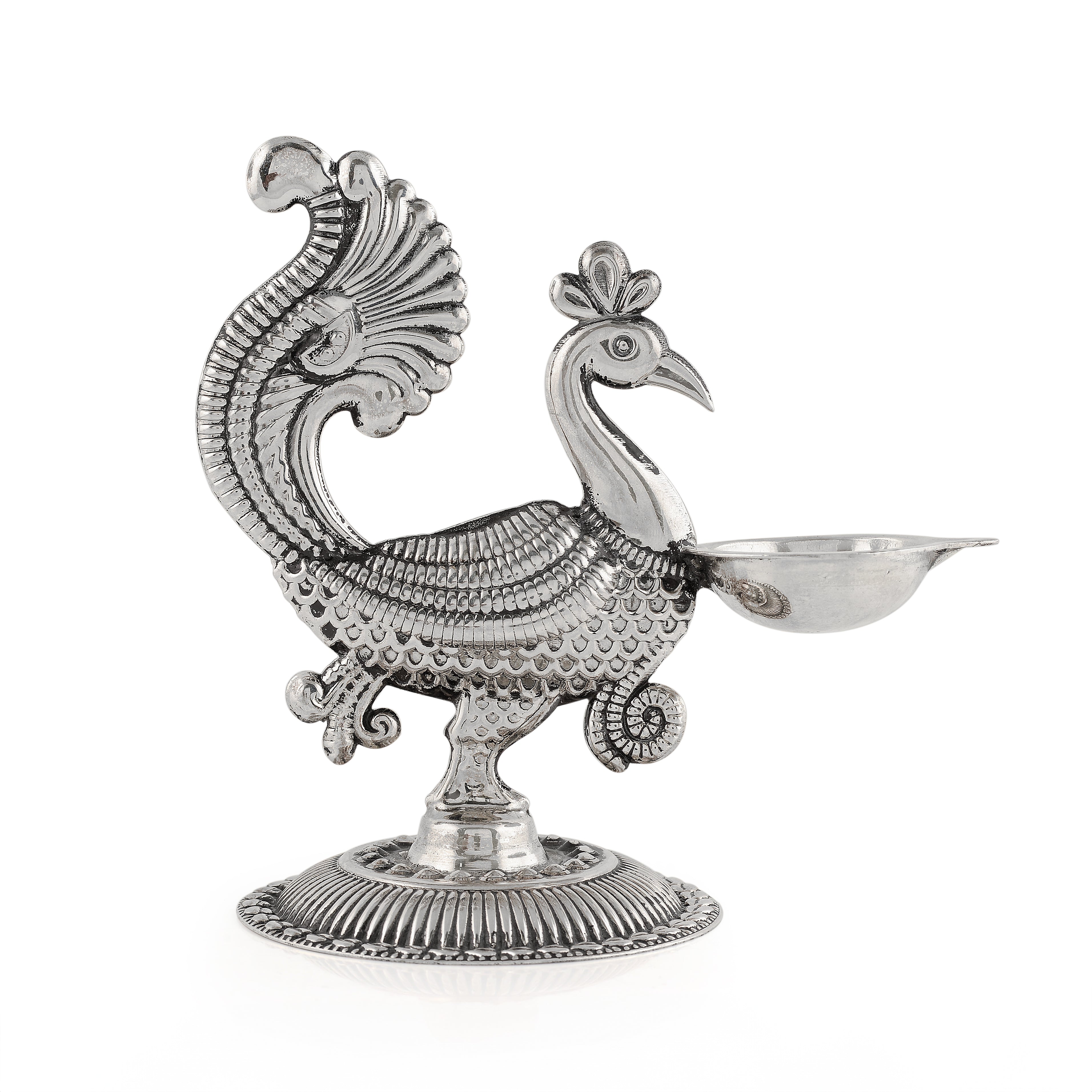 Silver Peacock-Themed Diya Stand 92.5