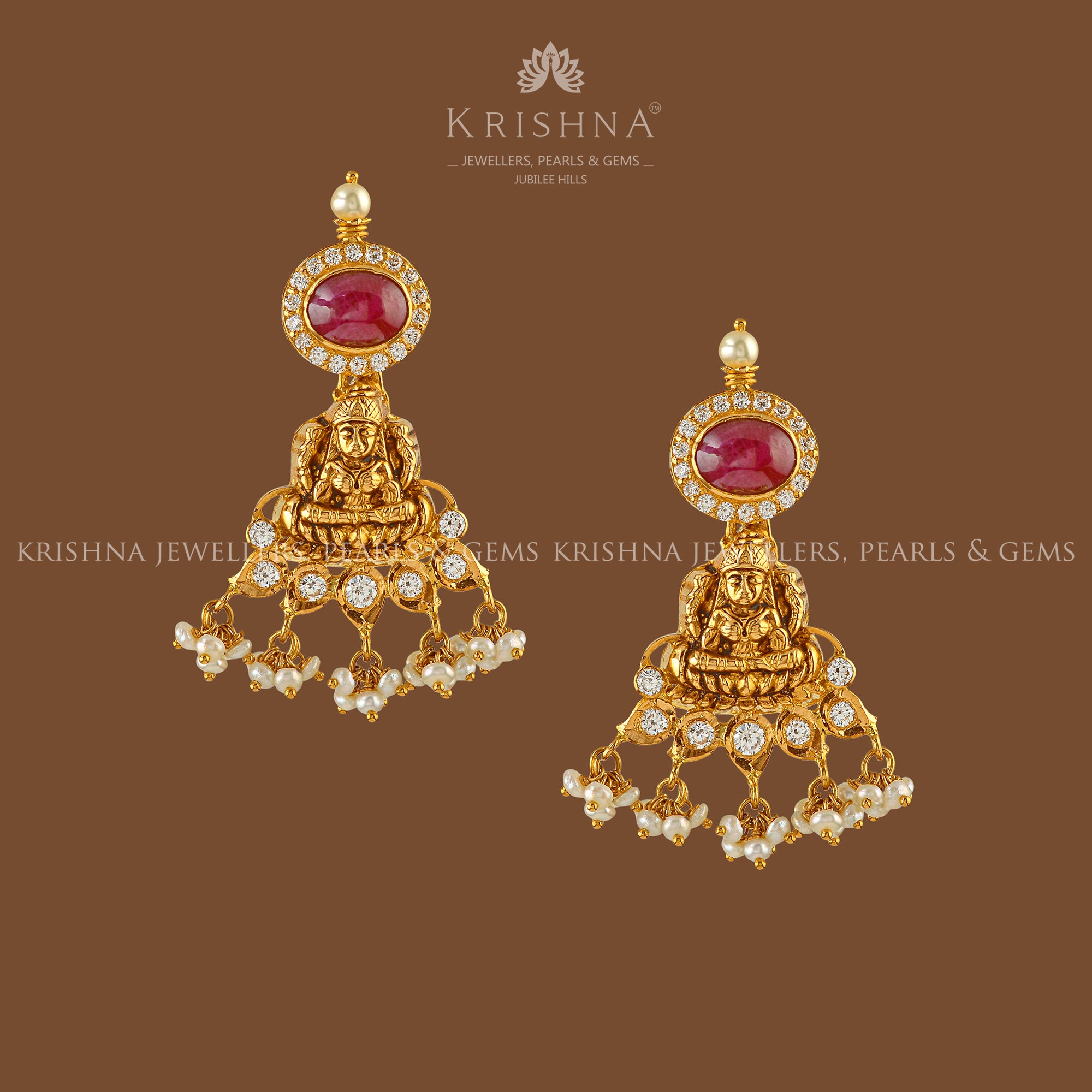 Goddess Lakshmi Devi in Earring with Mossonites - Krishna Jewellers Pearls and Gems