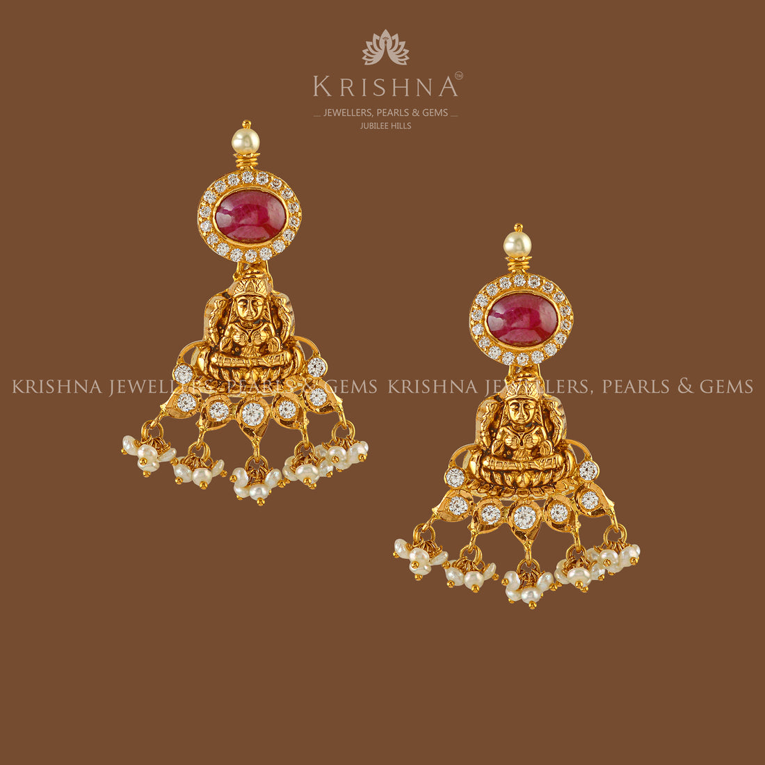 Goddess Lakshmi Devi in Earring with Mossonites - Krishna Jewellers Pearls and Gems
