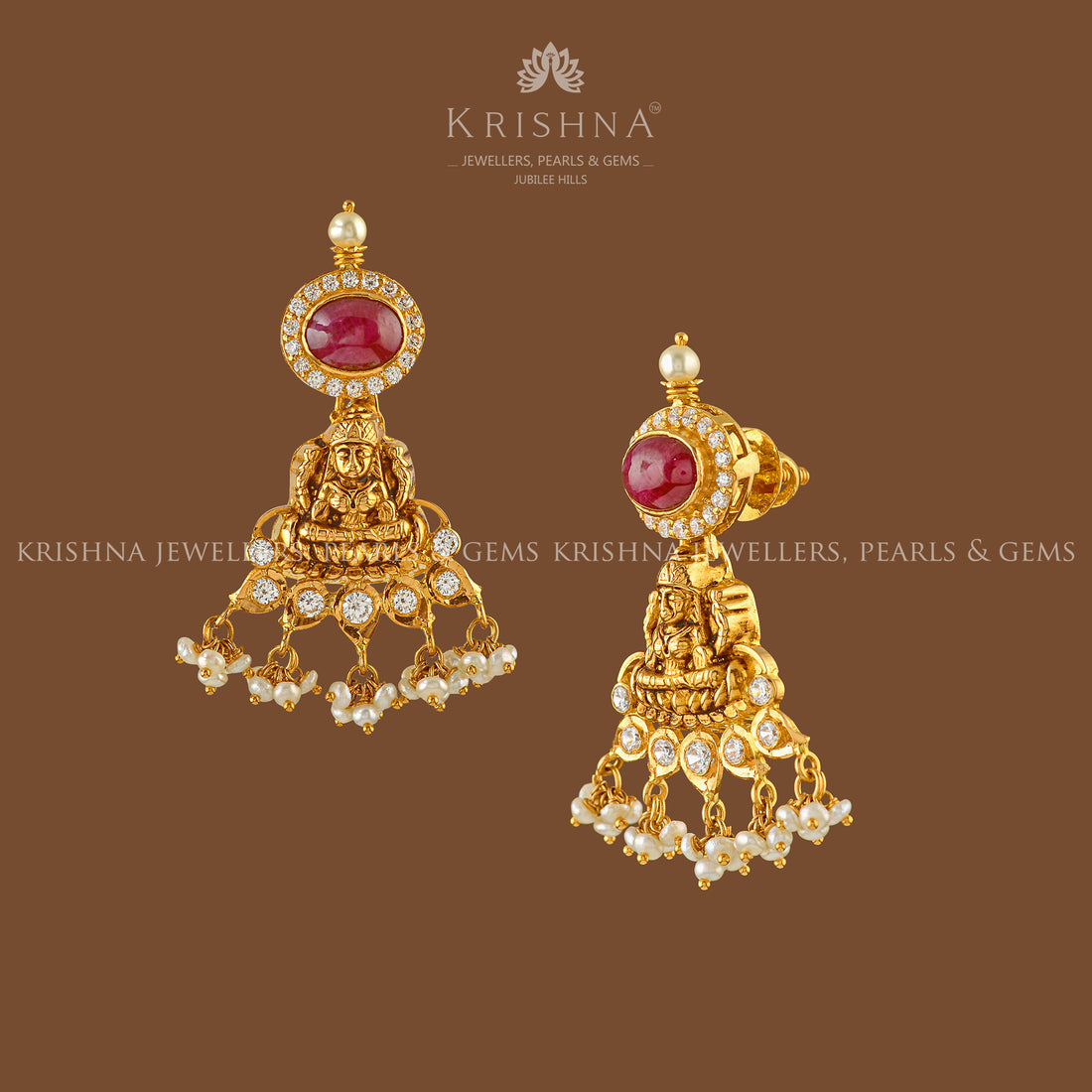 Goddess Lakshmi Devi in Earring with Mossonites - Krishna Jewellers Pearls and Gems