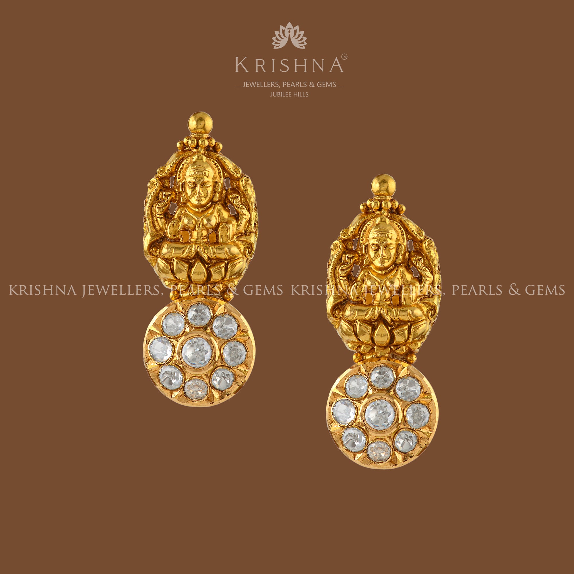 Lakshmi Devi Gold Earrings - Krishna Jewellers Pearls and Gems