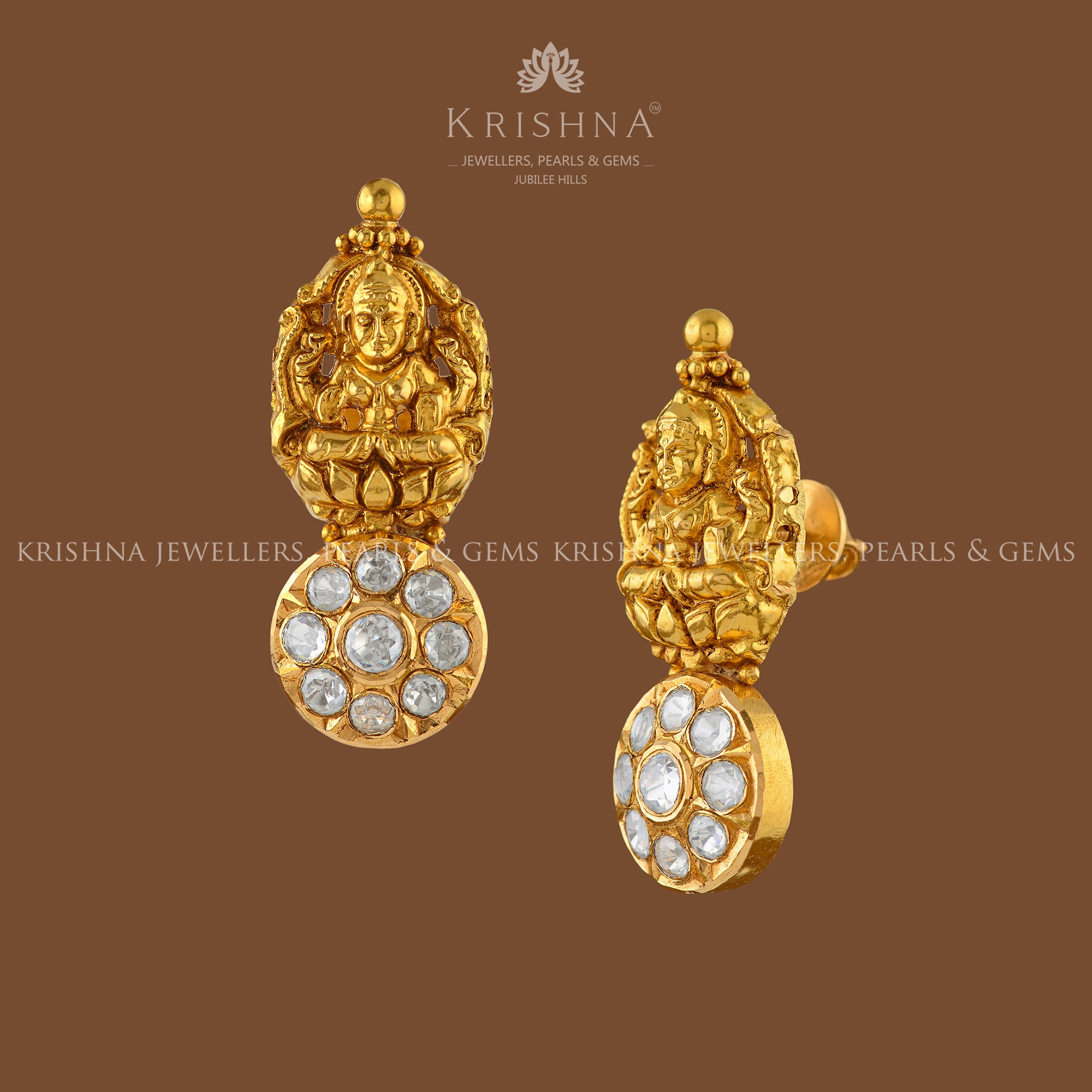 Lakshmi Devi Gold Earrings - Krishna Jewellers Pearls and Gems