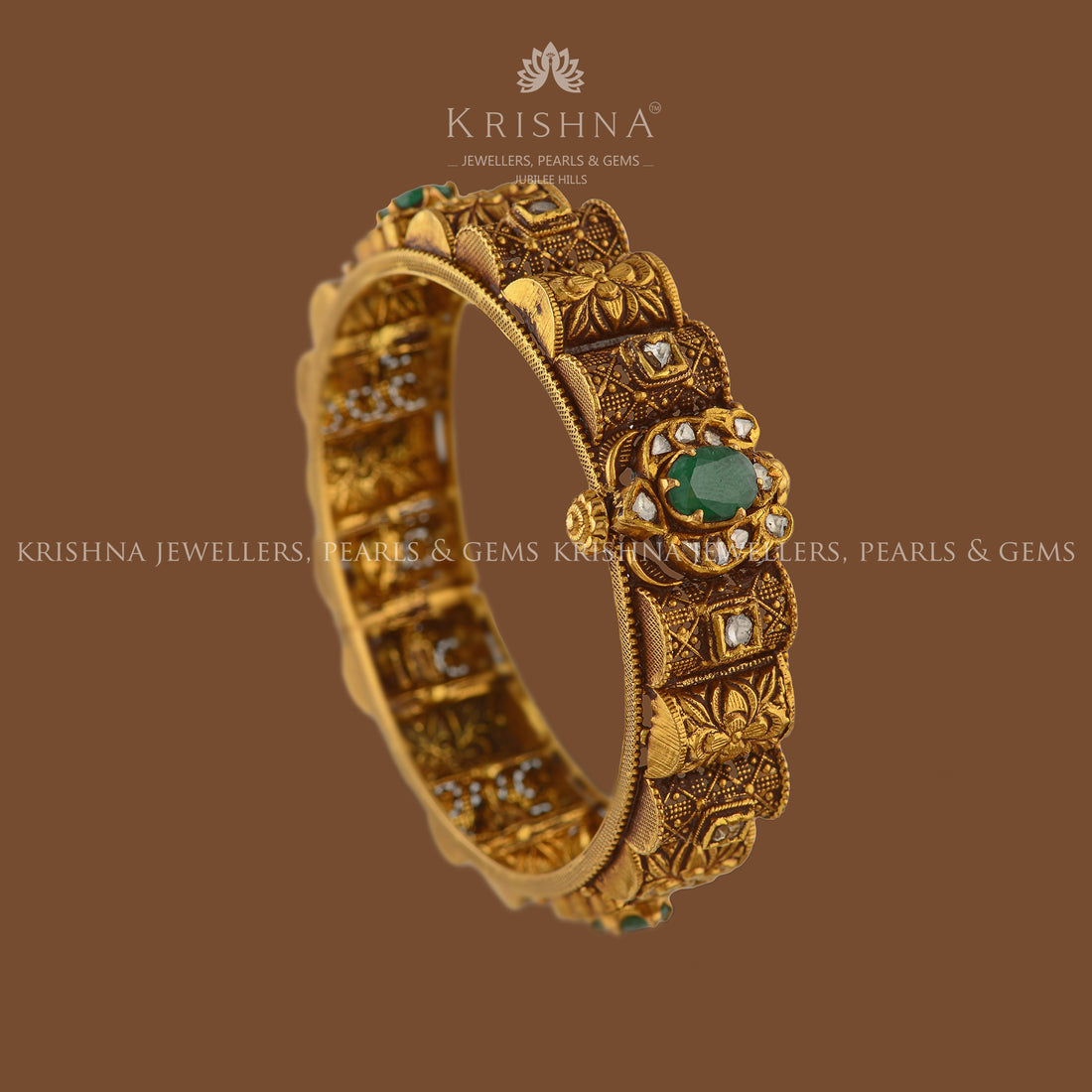 Antique Gold Bangles-Emerald and Diamond Embedded - Krishna Jewellers Pearls and Gems