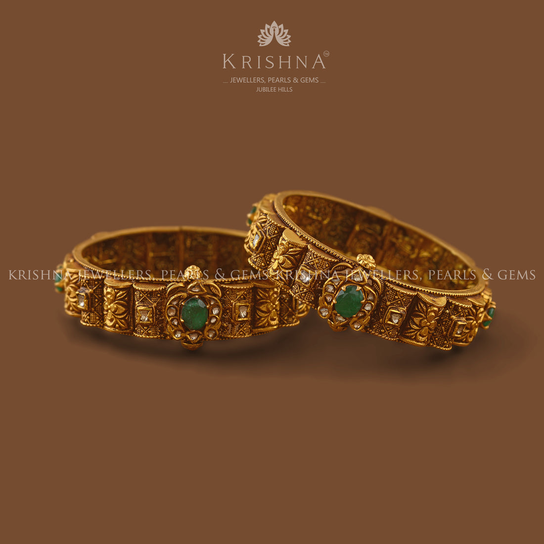 Antique Gold Bangles-Emerald and Diamond Embedded - Krishna Jewellers Pearls and Gems
