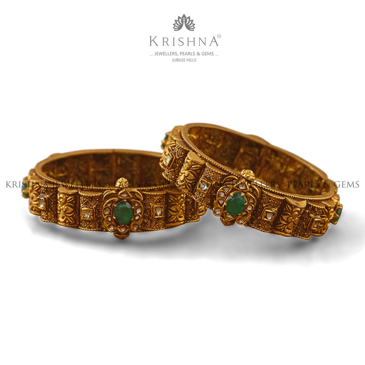Antique Gold Bangles-Emerald and Diamond Embedded - Krishna Jewellers Pearls and Gems