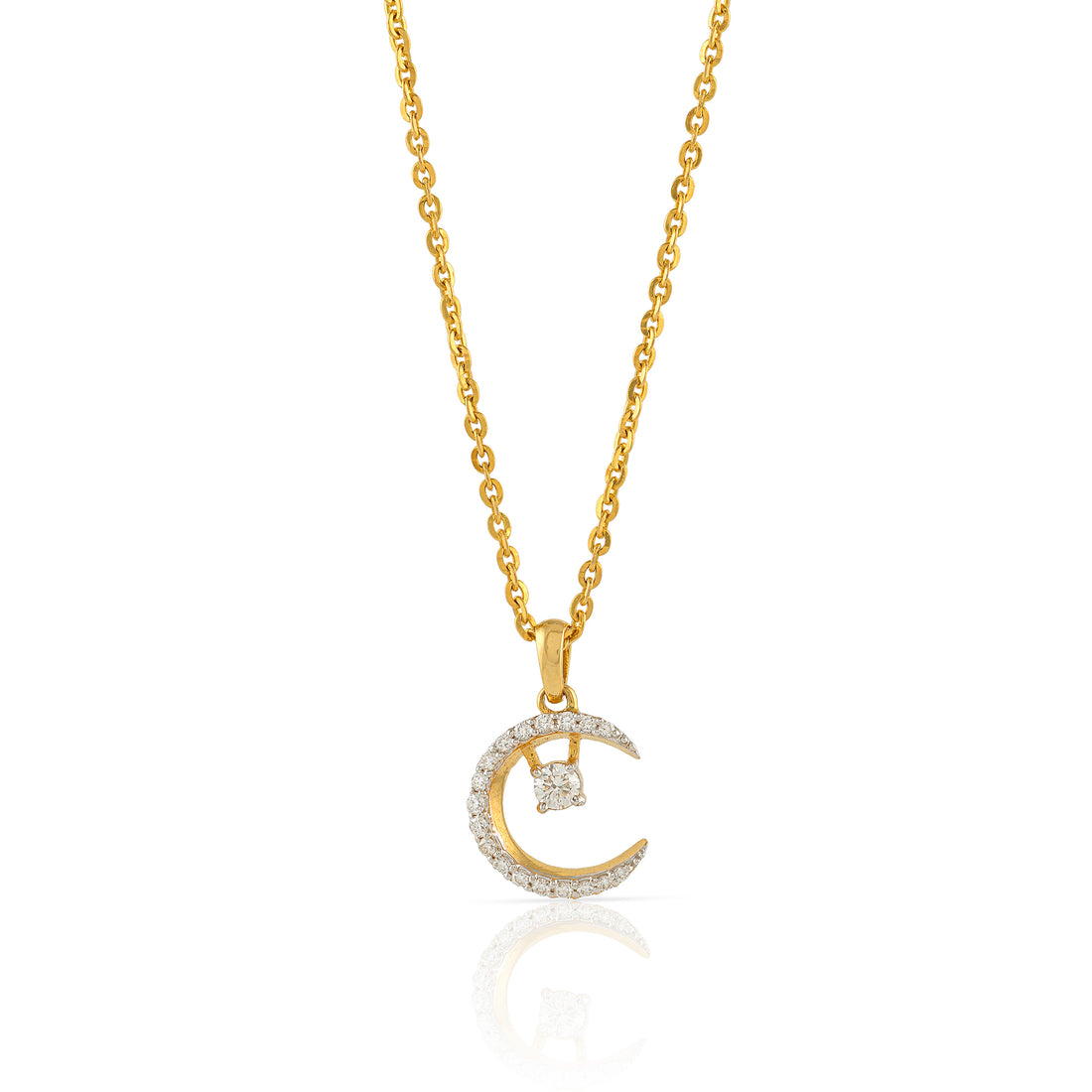 Gold Chain Creascent Moon Diamond Pendant - Krishna Jewellers Pearls and Gems