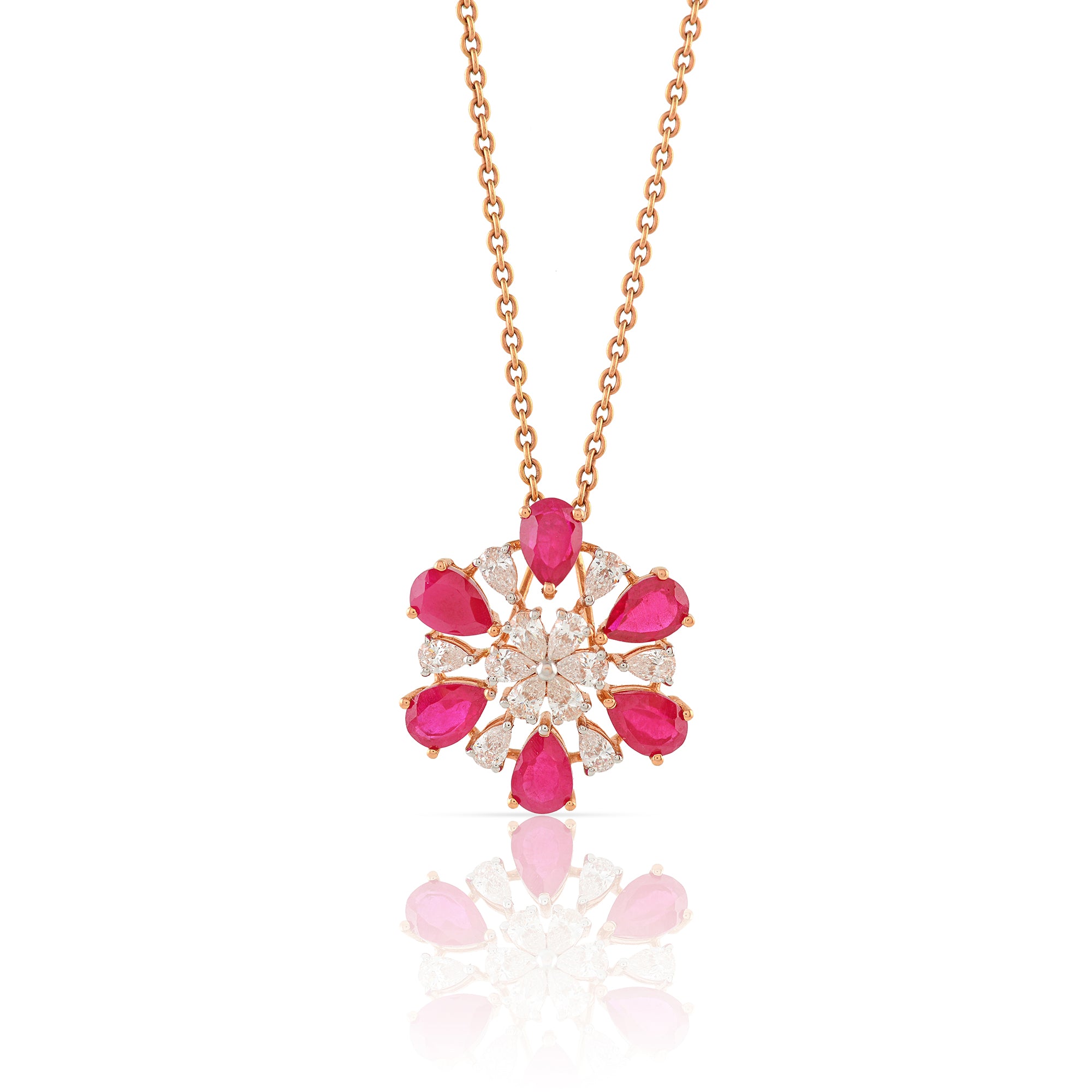 Gold Chain-Magenta Flower Diamond Pendant - Krishna Jewellers Pearls and Gems