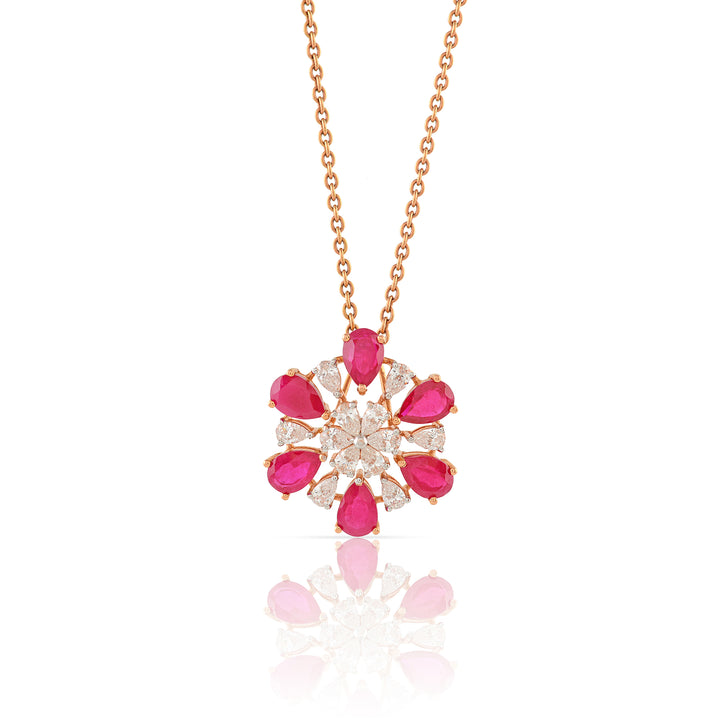Gold Chain-Magenta Flower Diamond Pendant - Krishna Jewellers Pearls and Gems
