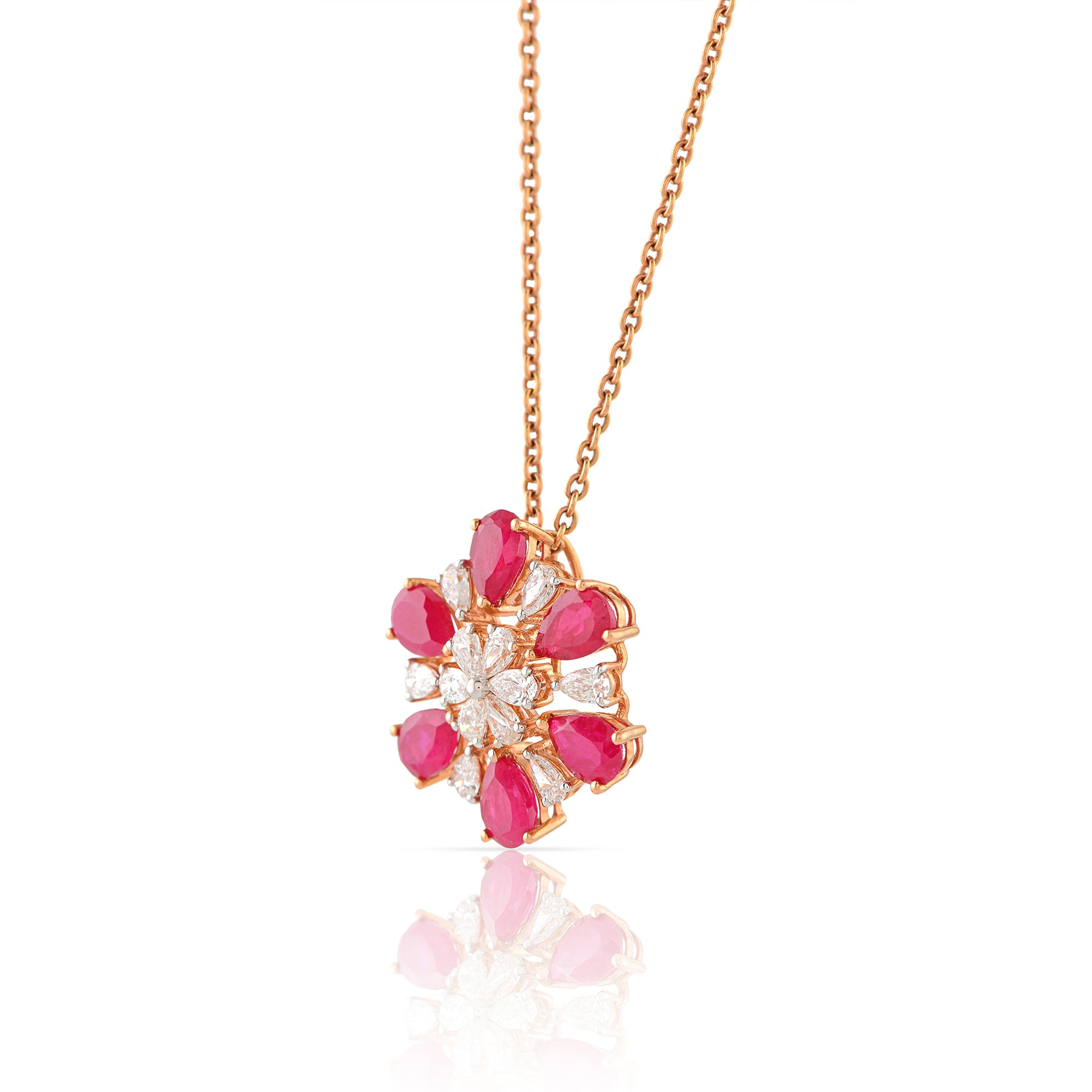 Gold Chain-Magenta Flower Diamond Pendant - Krishna Jewellers Pearls and Gems